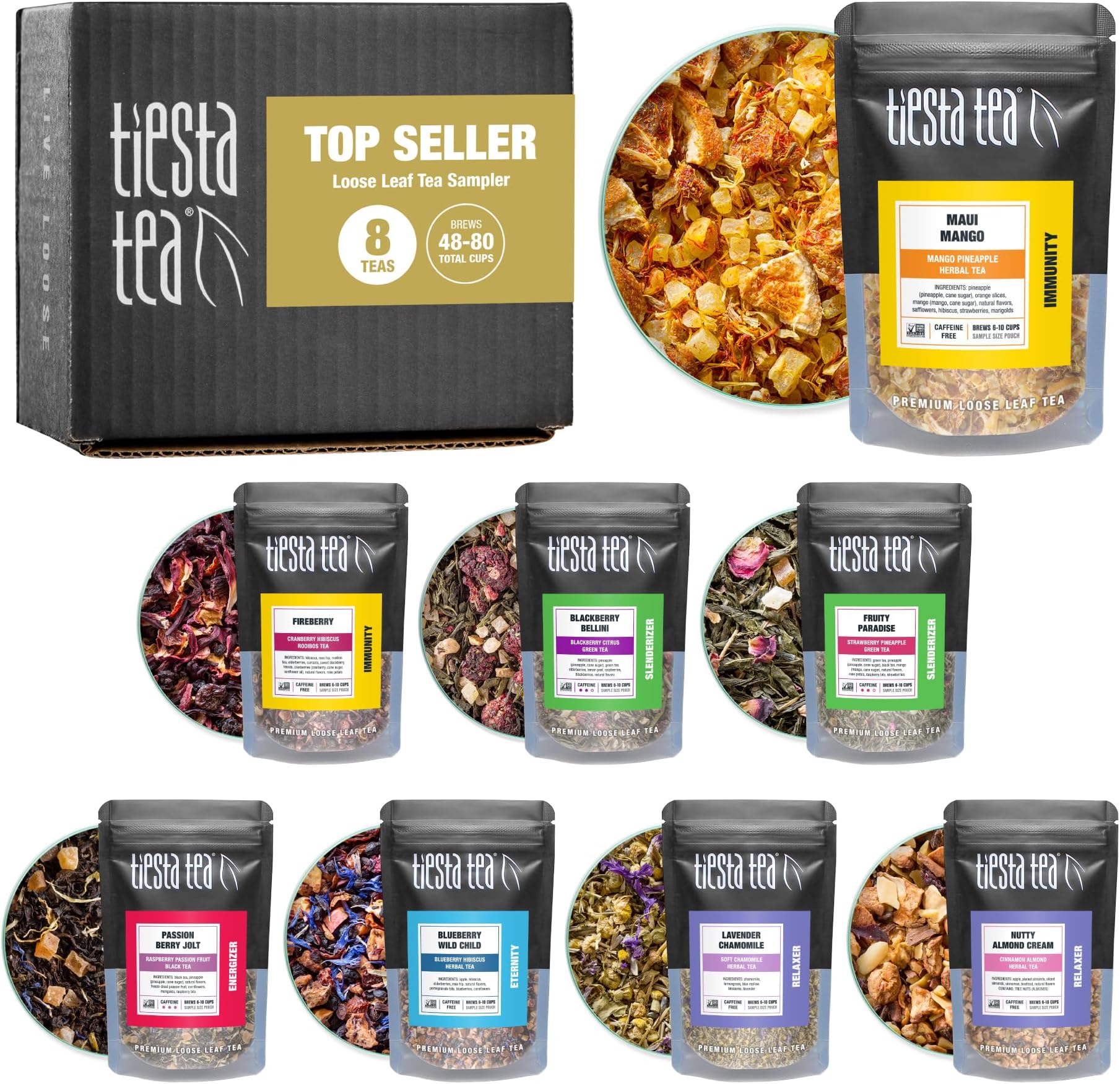 Tiesta Tea - Favorites Starter Sampler Dry Flight Set, Loose Leaf, High to No Caffeine, Makes Hot & Iced, Assorted Tea Sets with Herbal, Black, Fruit Blends & More, 8 Resealable Sample Pouches