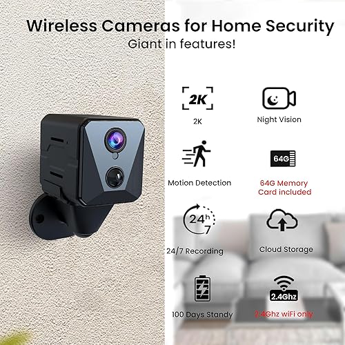 Miniatura 2 de Cámara de seguridad, cámara de interior WiFi 2K con tarjeta SD de 64 G, duración de la batería de 100 días, visión nocturna clara, detección de