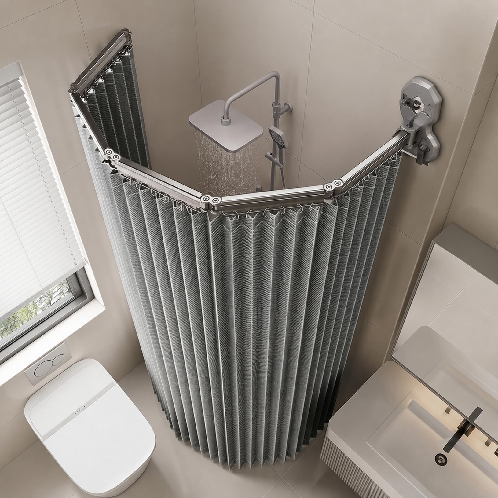 Barra Cortina Ducha Sin Taladro, Kit Cortina De Ducha con Barra Grey,6-Fold H180cm/71in