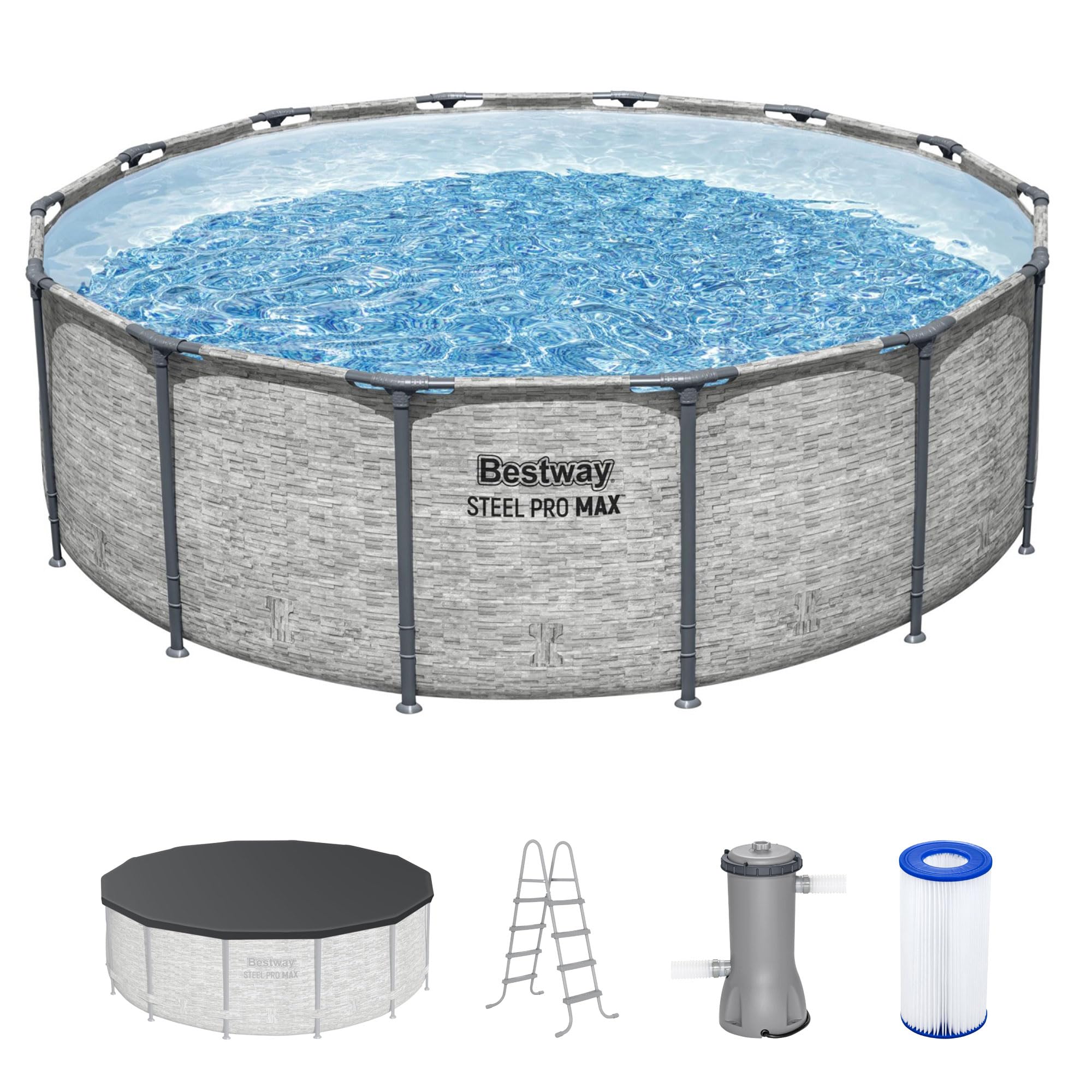 Bestway Steel Pro MAX 14' x 48" Above Ground Pool, Round Metal Frame Outdoor Swimming Pool Set with Filter Pump, Ladder, and Cover, Gray Stone Print