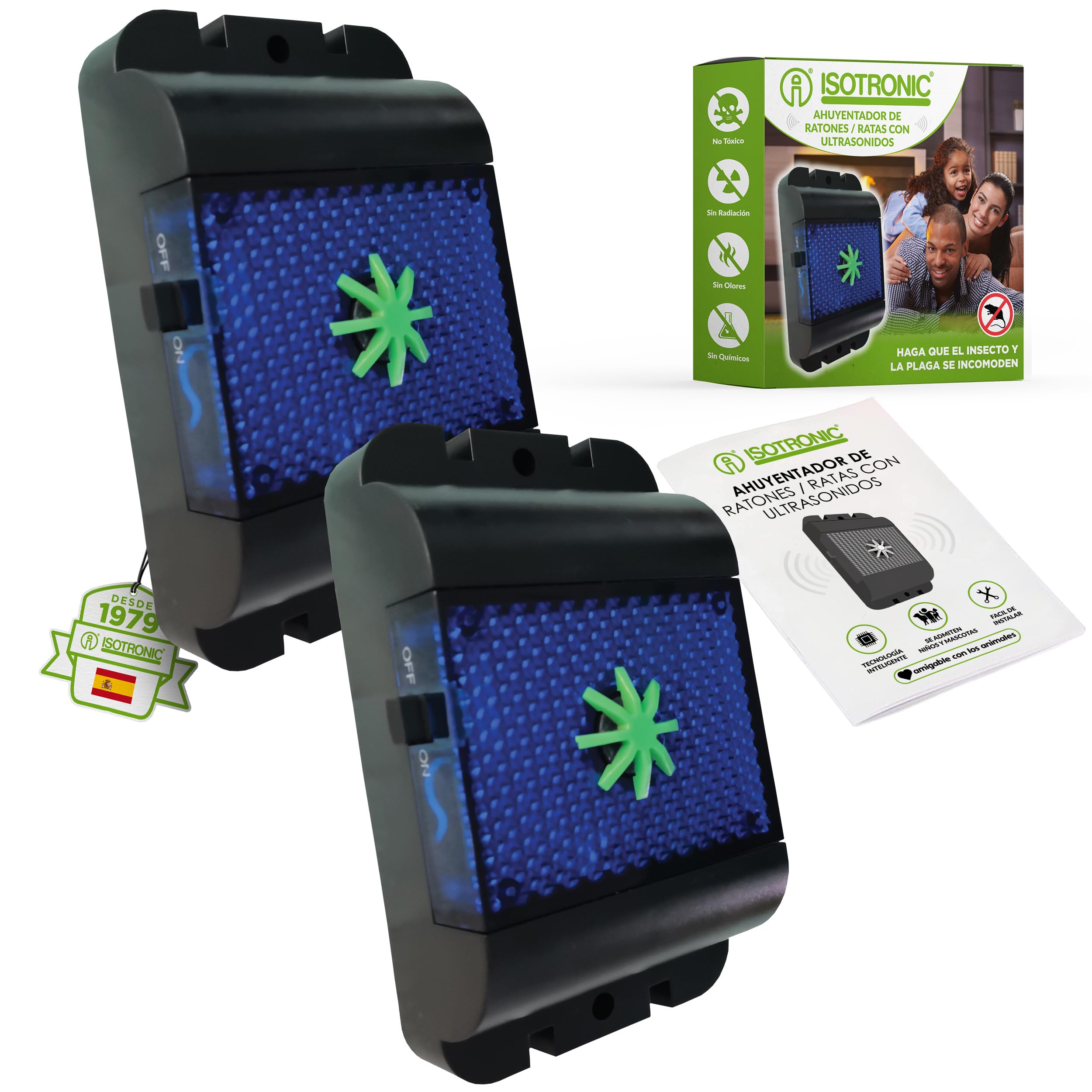 ISOTRONIC Repelente ultrasónico para Ratones y Ratas: Repelente de plagas con ultrasonido y luz LED Azul, disuasivo para Ratones sin Veneno ni trampas, Alcance Efectivo de 40 m² (2 Unidades).