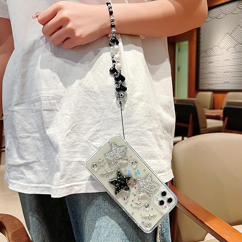 Miniatura 4 de Compatible con iPhone 11 Pro Max - Funda transparente con diseño de estrella con purpurina de perlas en 3D y pulsera de perlas, diseño de cadena