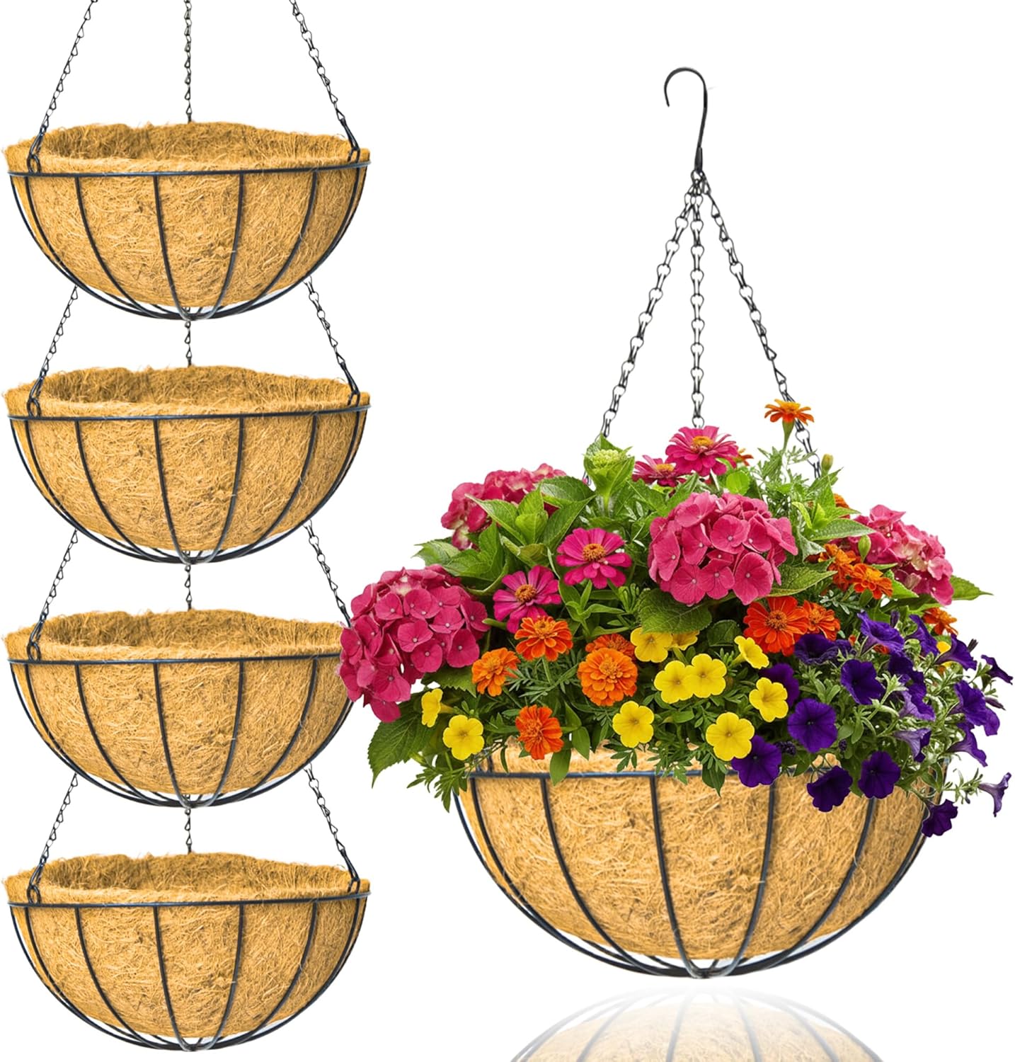4 Pack 12 Inch Brown Outdoor Metal Hanging Planter Basket Hanging Planters Flower Pot Round Modern Flower Holder Pot Garden Accessory（Watermelon Style）