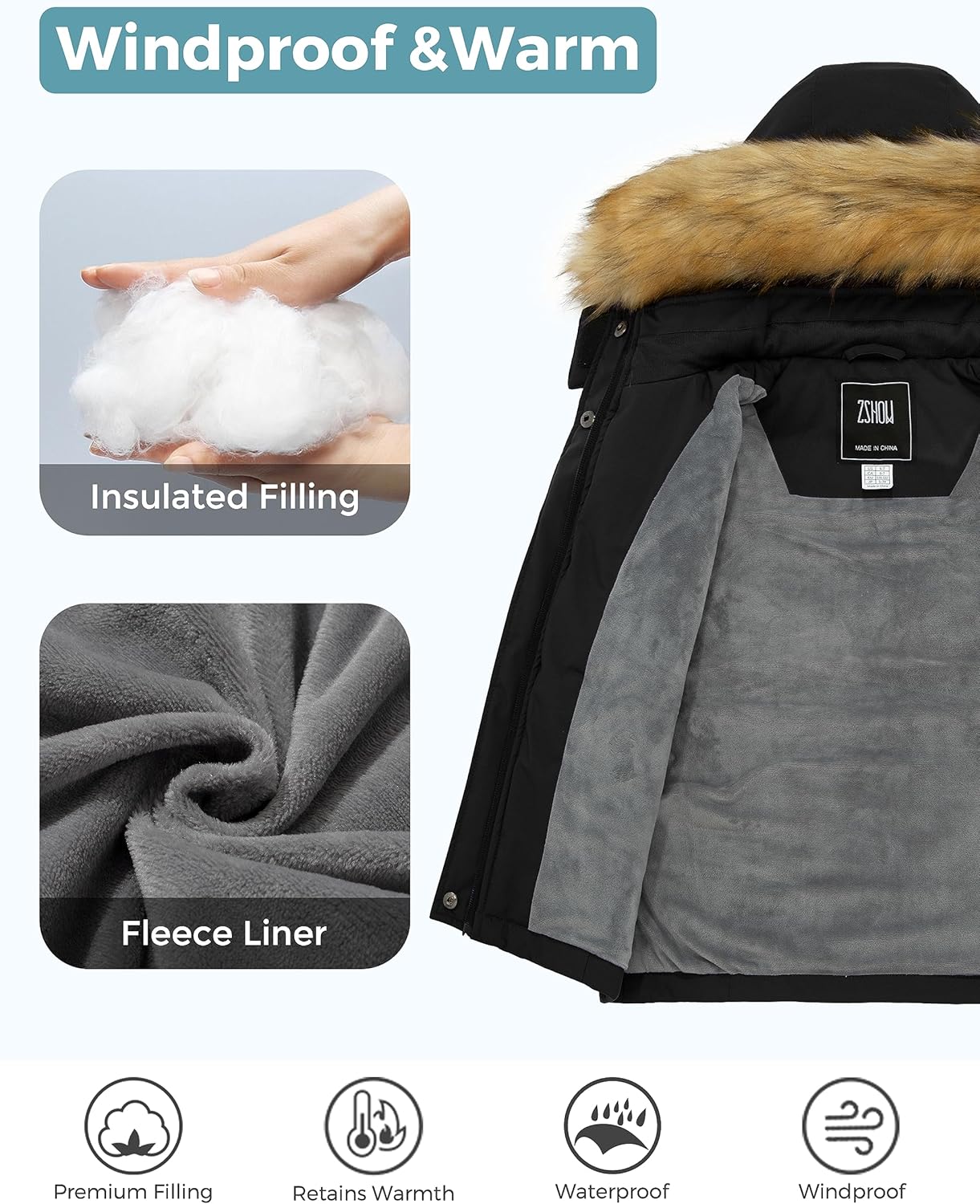 ZSHOW Girls' Ski Jacket Waterproof Warm Winter Coat Fleece Hooded Raincoat with Detachable Hood - Image 4