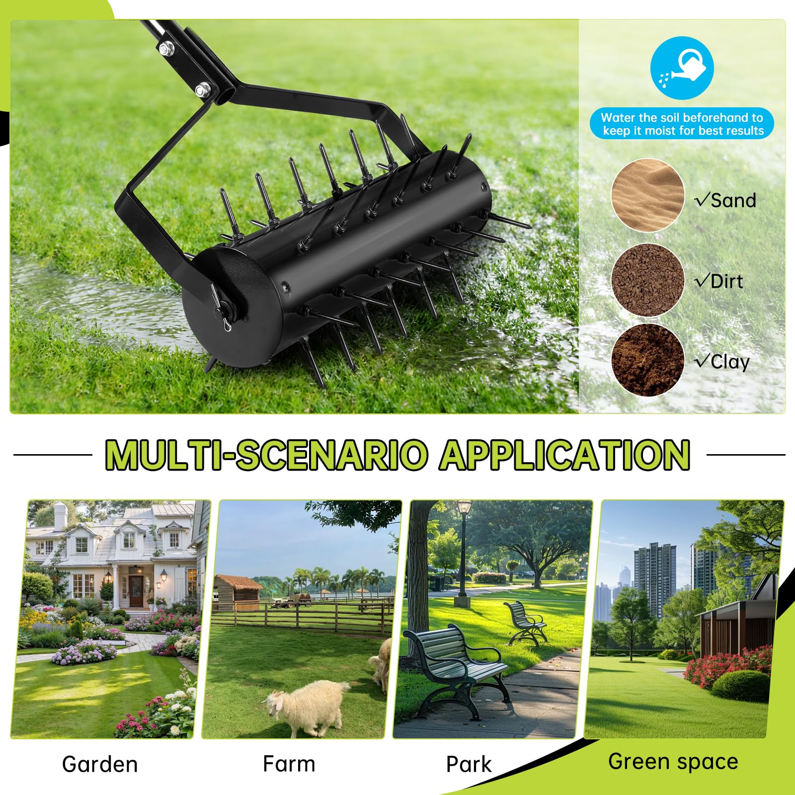 Rodillo Aerificador Manual para Césped 44 x 141 cm – Escarificador Manual con 39 Púas (5,8 cm) y Mango – Rodillo Airificador – Descompactador para Jardín, Patio, Terraza