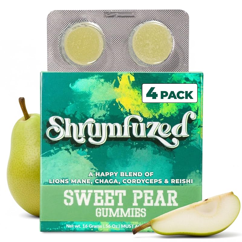 Shrumfuzed Suplemento de Cogumelos Juba-de-leão (Lion's Mane), Reishi, Cordyceps e Chaga, sabor Sweet Pear, 4 gomas