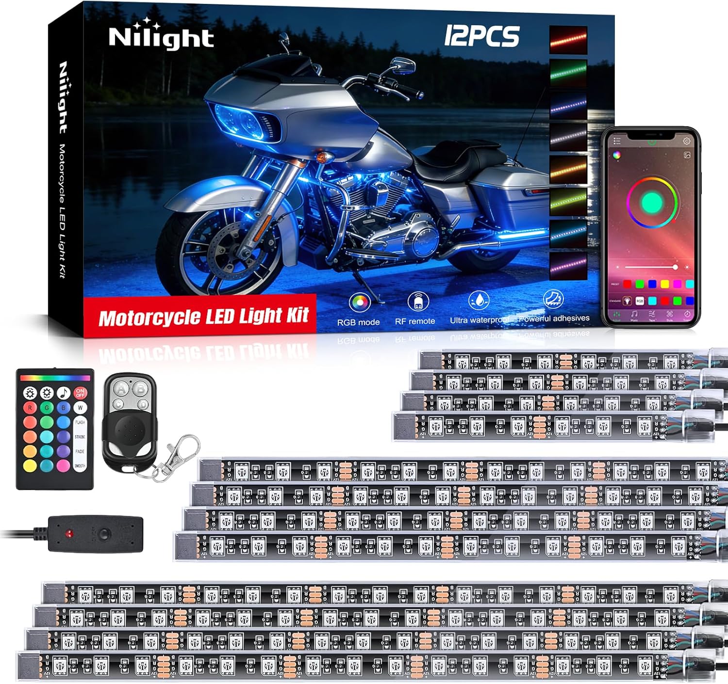 Nilight 12PCS Motorcycle RGB Led Light Kit Waterproof Multi Color Atmosphere Neon Accent APP and Remote Control Underbody Strips for Harley Davidson Honda Kawasaki Suzuki