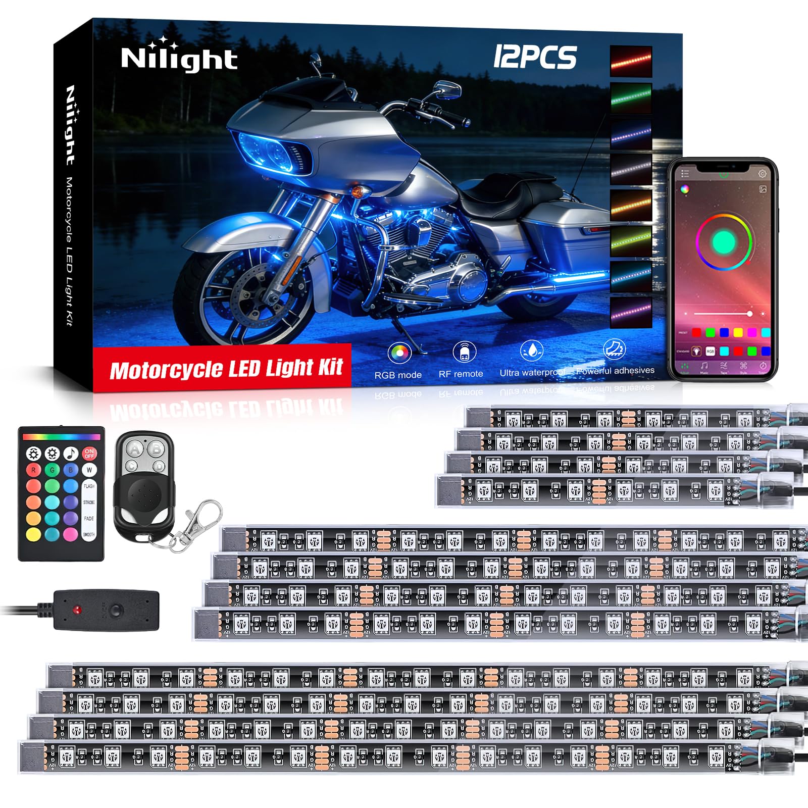Nilight 12PCS Motorcycle RGB Led Light Kit Waterproof Multi Color Atmosphere Neon Accent APP and Remote Control Underbody Strips for Harley Davidson Honda Kawasaki Suzuki