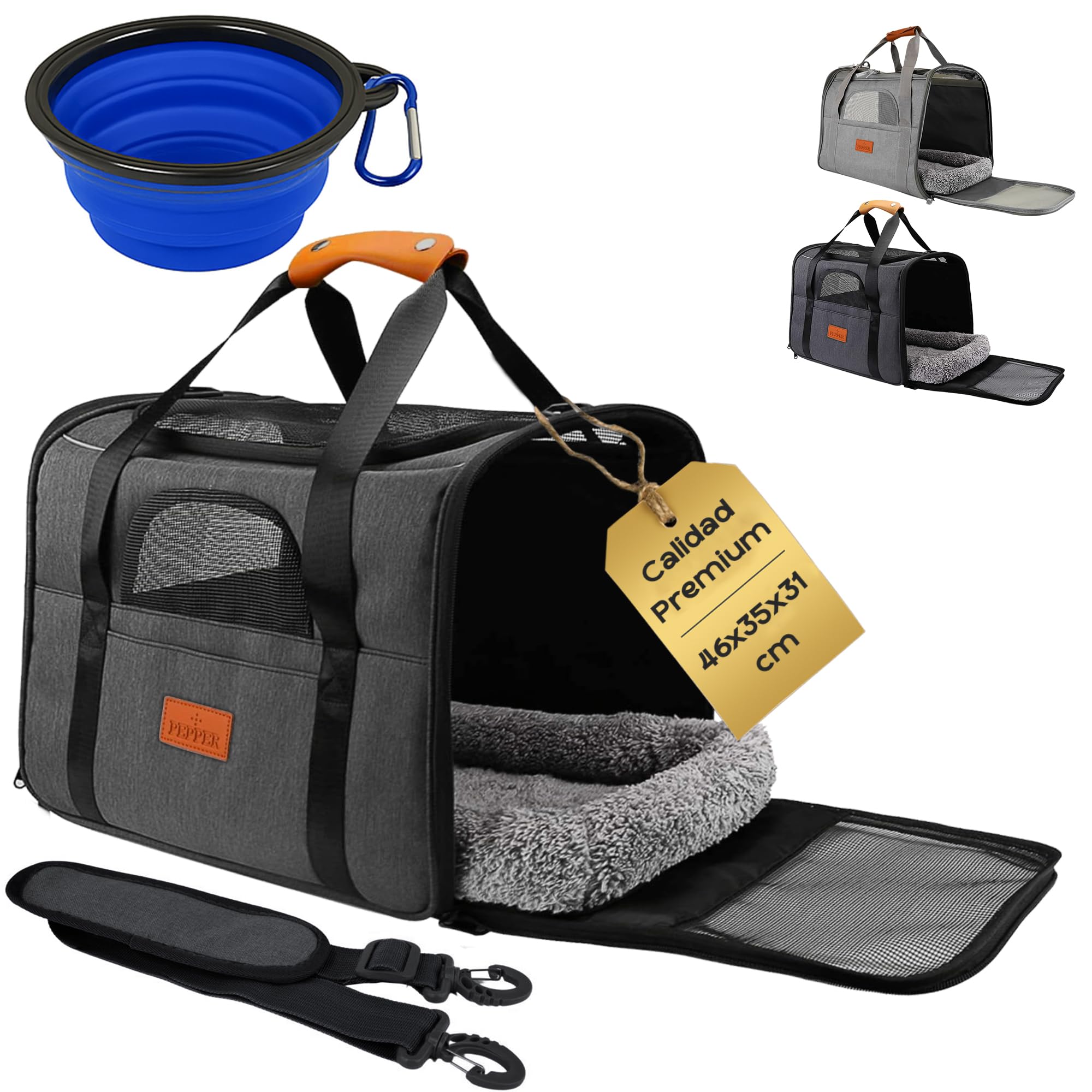 PEPPER® Transportin Gato Perro Pequeño | Bolsa de Transporte Plegable y Transpirable con Ventilación 360º Cómodo y Seguro con Bebedero Plegable, Cojín Suave Lavable y Correa de Hombro Ajustable