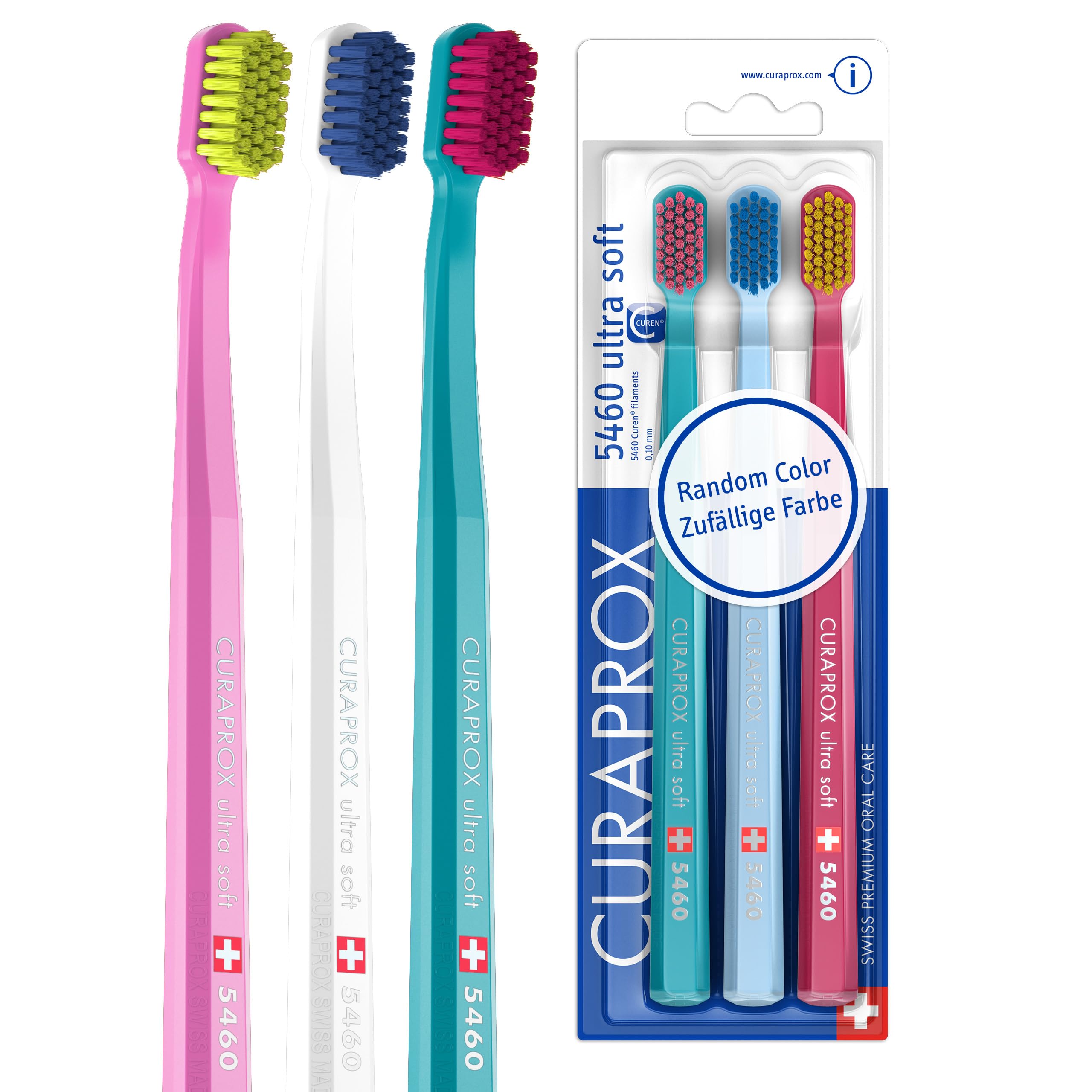 Curaprox CS 5460 Ultraweiche Zahnbürste | Zufällige Farbe | Zahnfleisch- und Zahnpflege für Erwachsene | Ultraweiche Curen®-Borsten | 3er Pack | Hergestellt in der Schweiz
