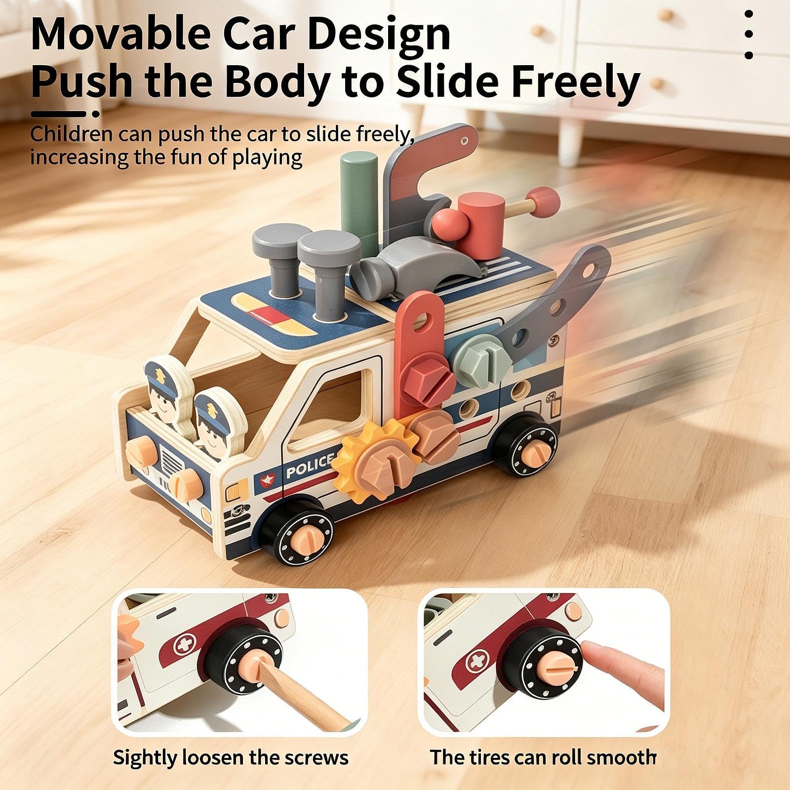 Werkzeugset für Kinder, Konstruktionsspielzeug, Geschenkset, Rollenspiel LKW, Lernwerkzeugset Aus Holz für Kinder, Polizeiwagen