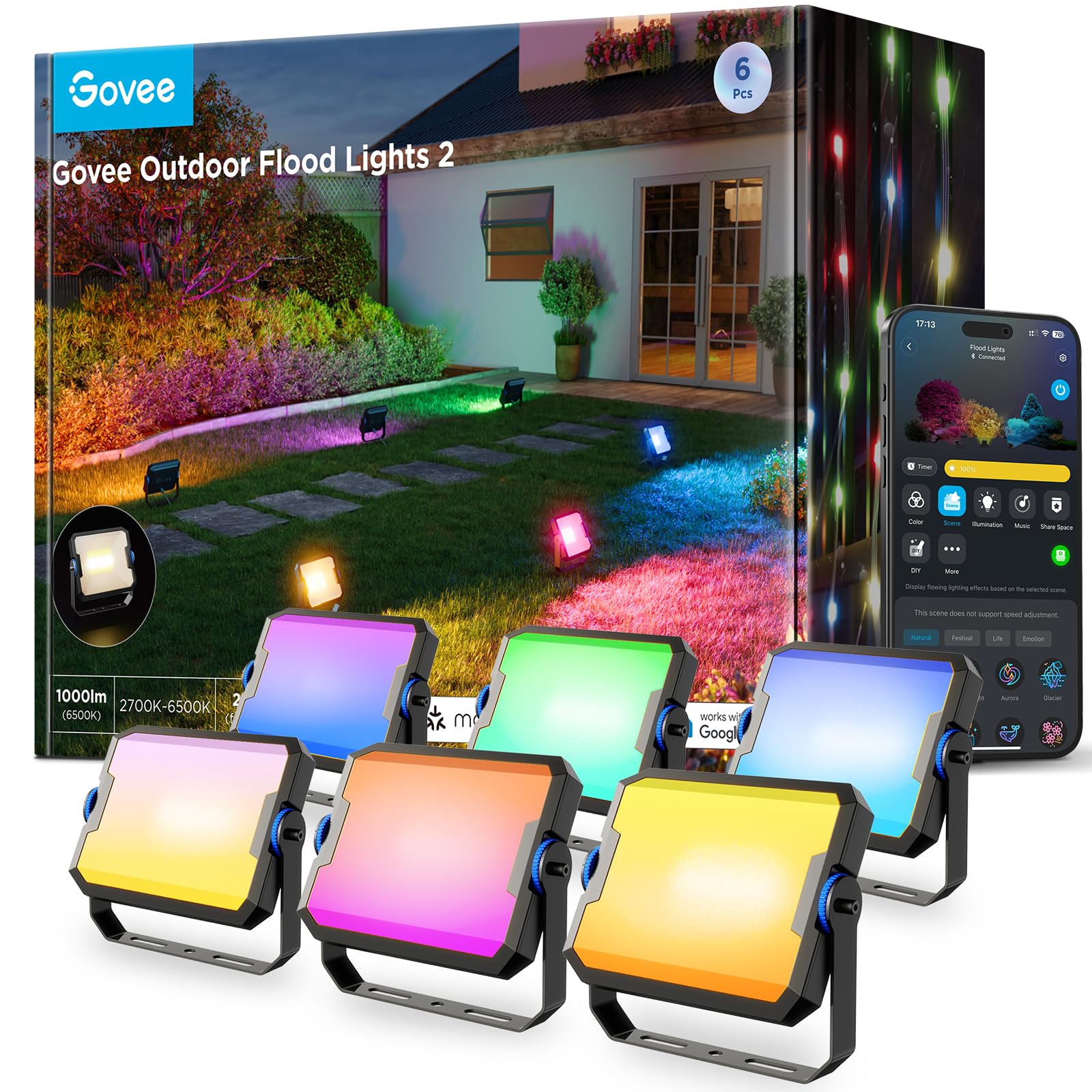 Outdoor Flood Lights 2, RGBIC Warm Cold White LED Lights for Outdoor Decorations, 50 Scene Modes, Landscape Lighting, Upgraded IP66 with App Control, Wired 6 Pack