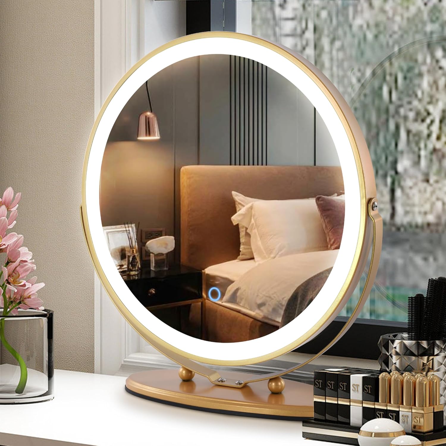 LVSOMT 20" Vanity Makeup Mirror with Lights, 3 Color Lighting Dimmable LED Mirror, Touch Control, 360°Rotation, High-Definition Large Round Lighted Up Mirror for Bedroom Table Desk (Gold)