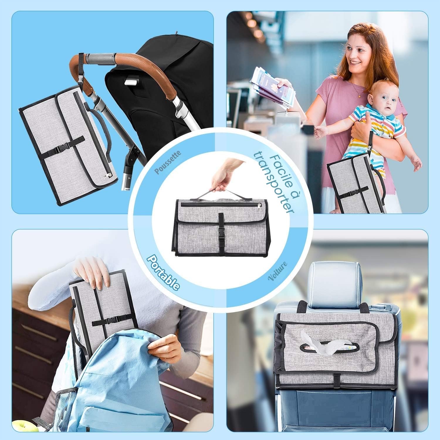 Matelas à langer portable et imperméable XL - Ce matelas à langer est un sac amovible composé de 6 poches avec un distributeur de lingettes et un coussin confortable pour la tête de bébé.