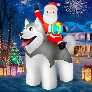 8×7FT Christmas inflatables Santa Riding Husky Dog, Giant Christmas Decoration Outdoor Built-in Bright LEDs Blow Up Yard Decoration Blowups for Holiday Party Xmas New Year