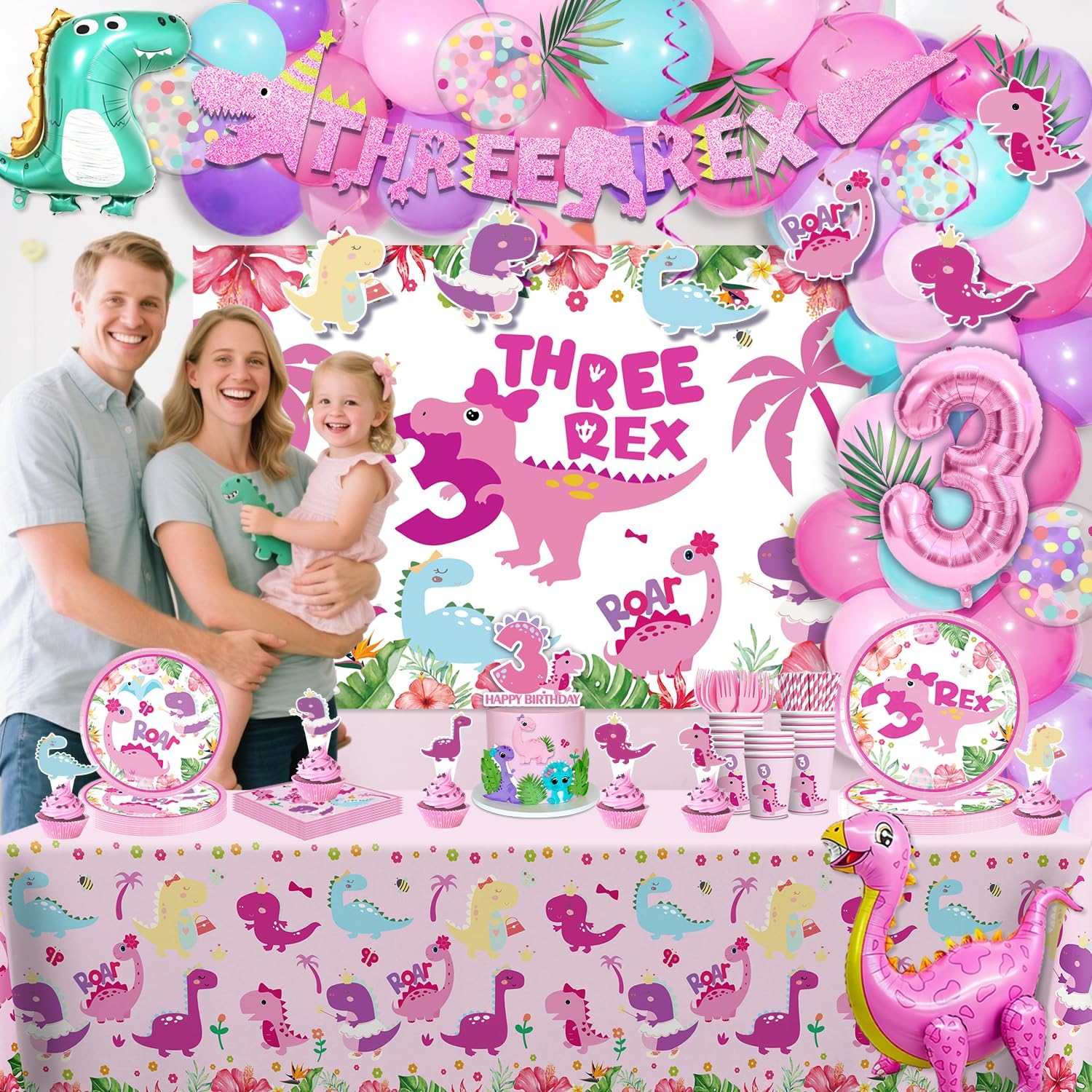 314Pcs Three Rex Birthday Decorations Girl Tableware Set Serves 25 Guests, Pink Dinosaur Birthday Decorations Includes Balloons, Banner, Plates, Balloons Box, Tablecloth, All-in-1 Party Pack