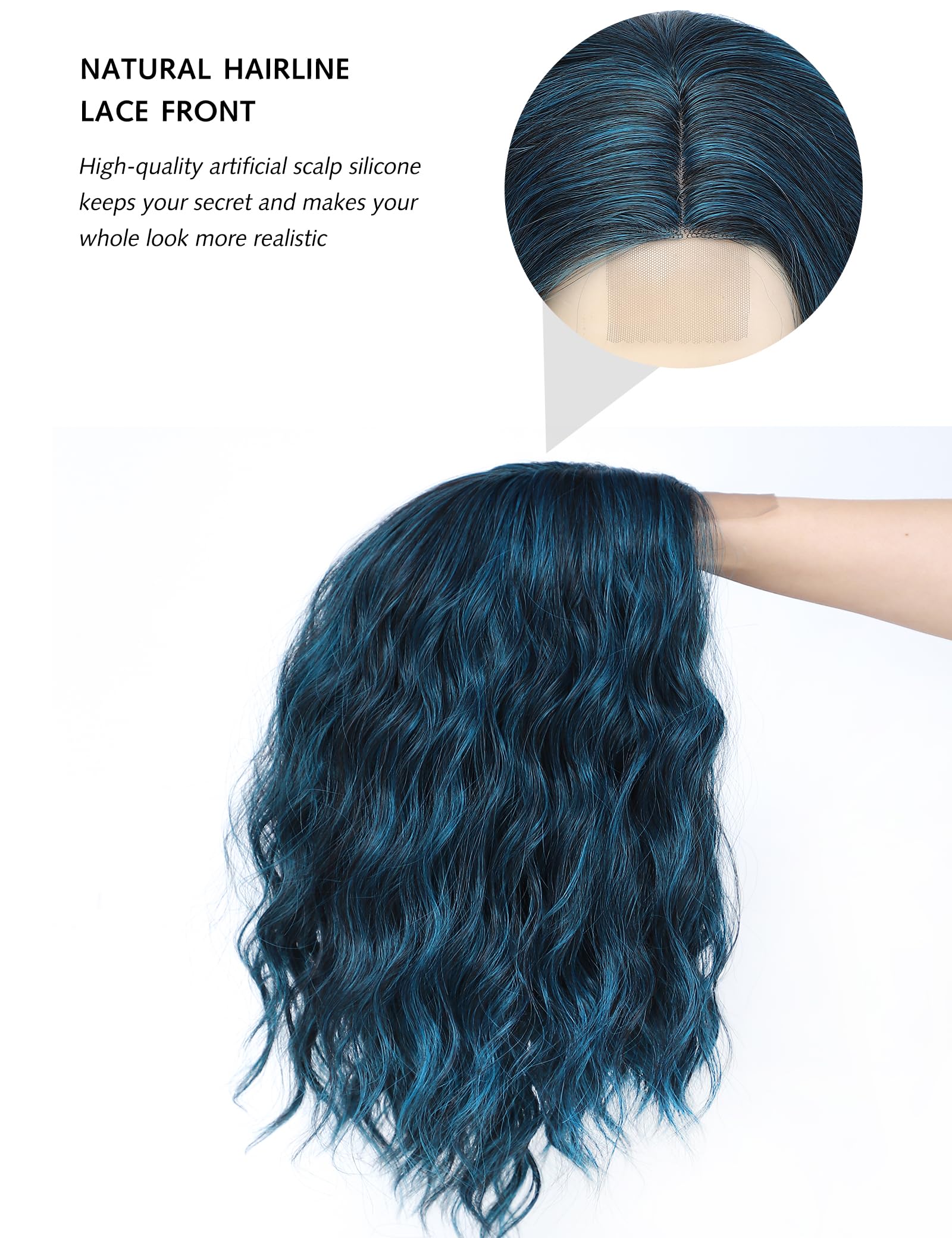 BUYOGET Medium Short Wig Wavy Bob Wig Realistic Natural Lace Front Scalp Adjustable Synthetic Shoulder Length Curly Wigs for Women Blue - Image 4