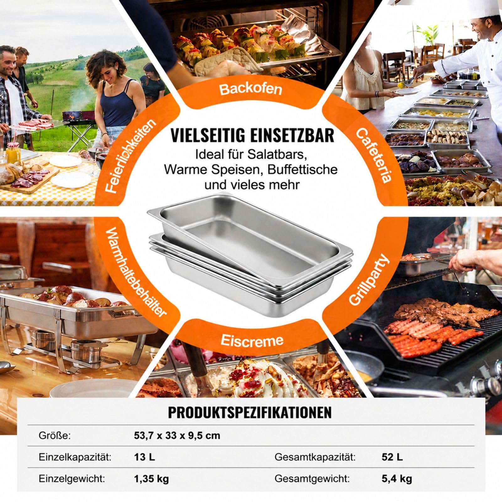 4 Gastronormbehälter aus Edelstahl mit Deckeln für Gastronomie, Buffet und Saladette
