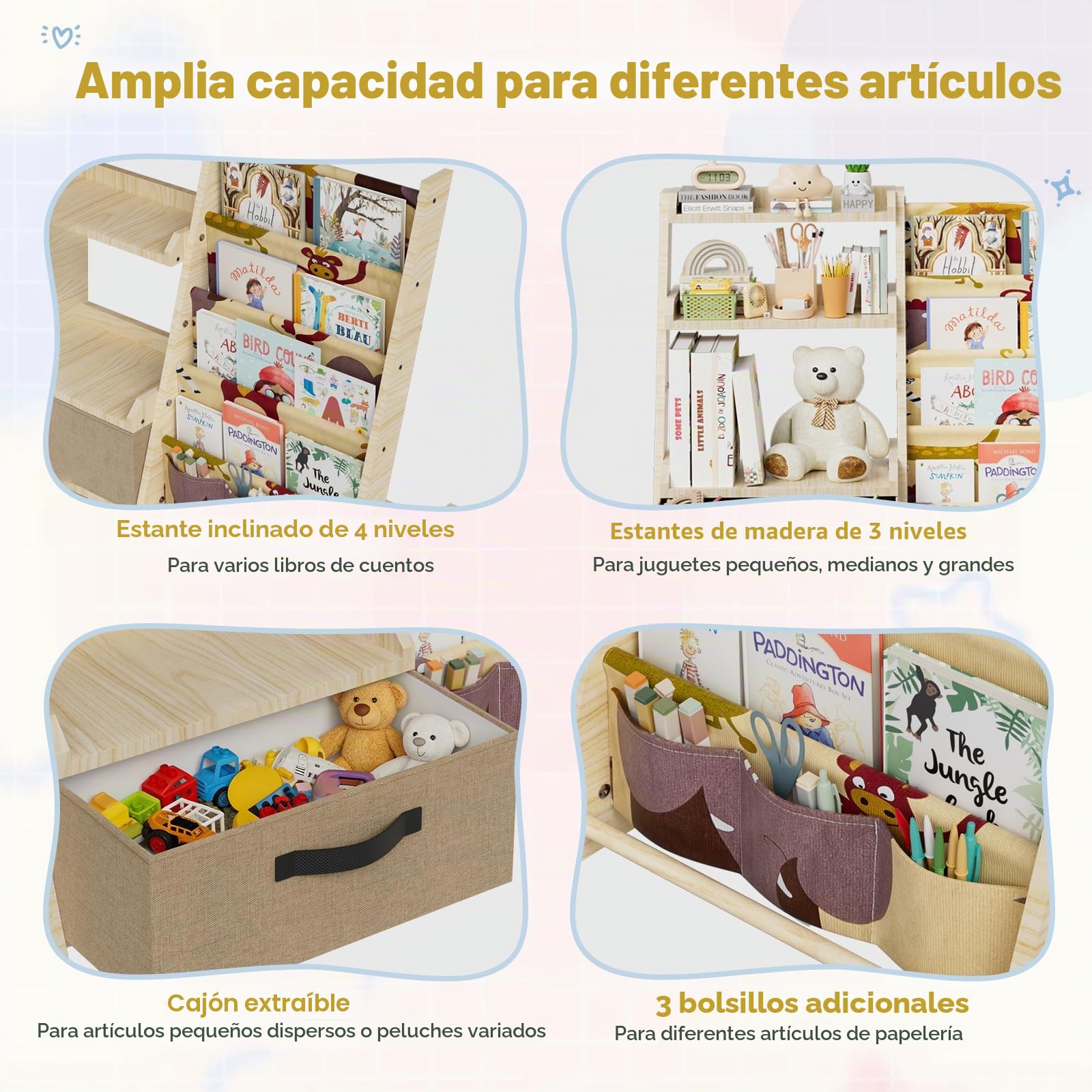 Estantería infantil con organizador de juguetes 2 en 1 – Estantería de madera y tela con 4 compartimentos, cajón y bolsillos para bolígrafos, estantería segura para niños de 68 cm de altura para