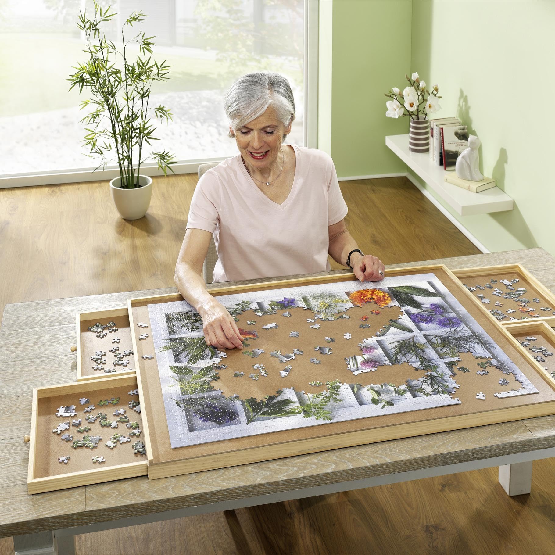 Bambelaa! Puzzletisch 1500 Teile mit 4 Schubladen Puzzlebrett mit Auszügen Tragbarer Puzzle Tisch für Erwachsene Puzzel Board Puzzleunterlage Puzzleboard Puzzlematte Aufbewahrung Holz ca. 90x67x4,5 cm