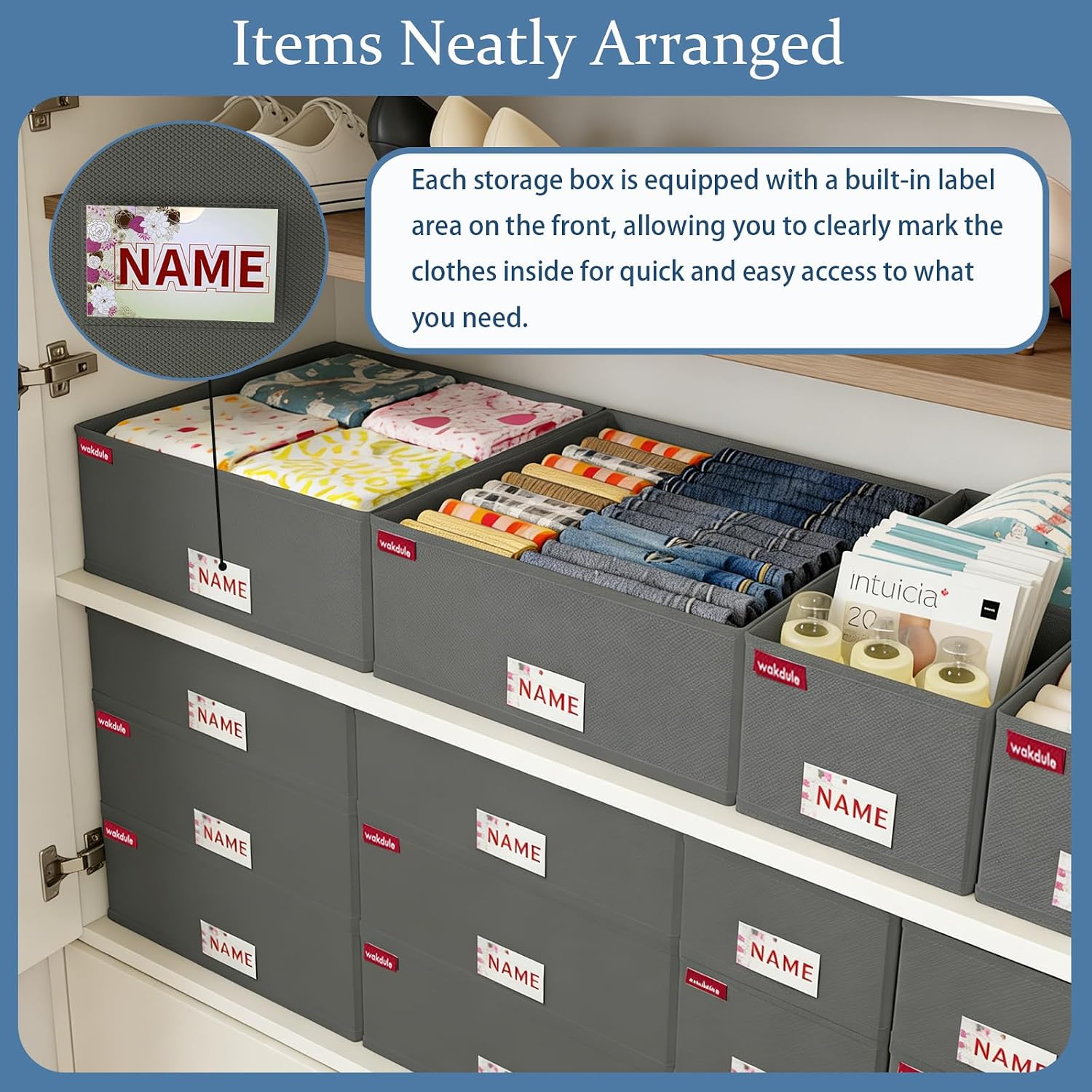 Folding drawer-style storage box designed for organizing clothes, socks, bras, and handkerchiefs, featuring reinforced bottom panels and a signature area (dark gray, 12pcs/set)