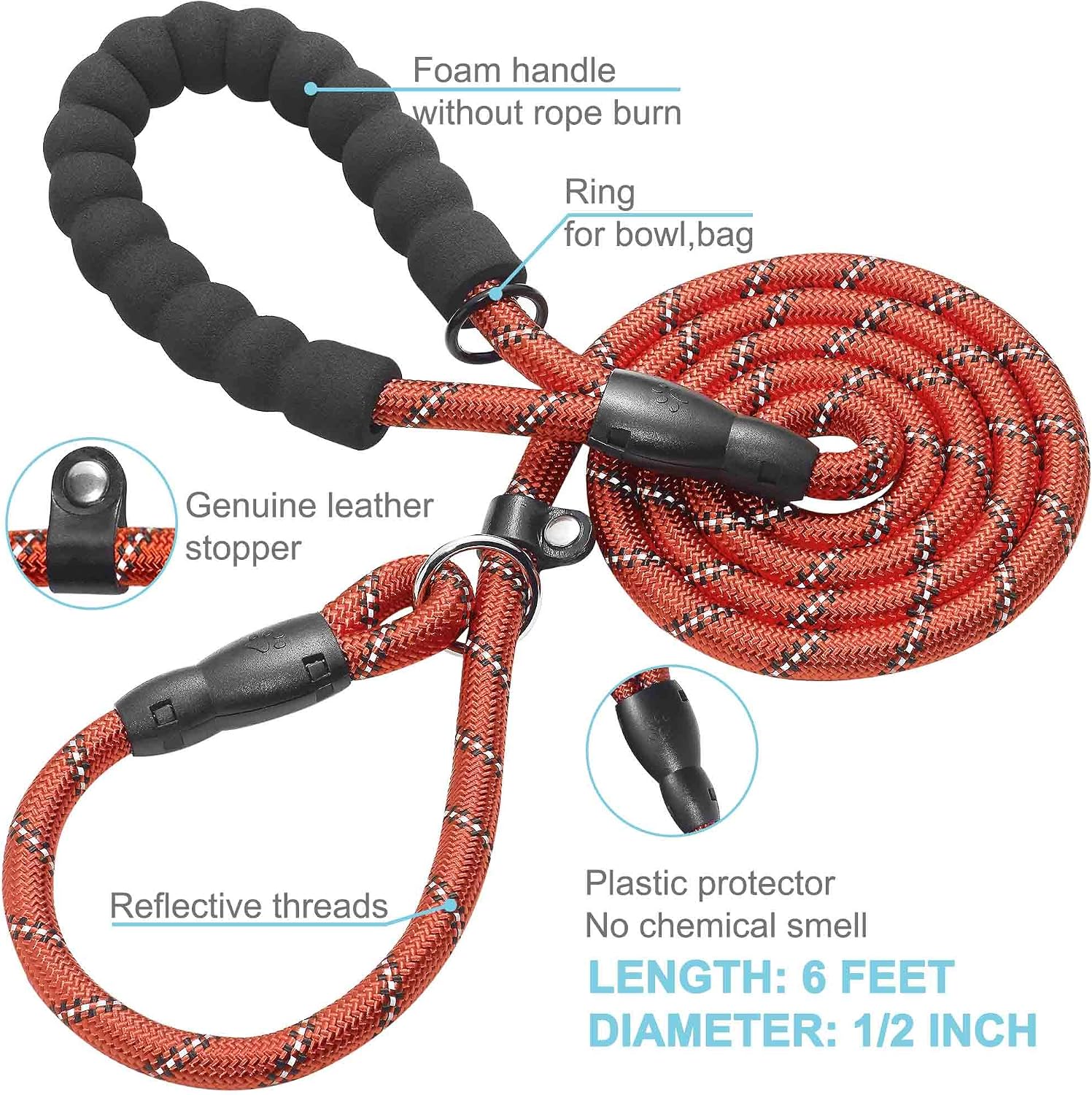 haapaw Slip Lead Dog Leash with Comfortable Padded Handle Reflective, Mountain Climbing Rope Dog Training Leashes for Large Medium Small Dogs(2 Packs, 6 FT) (Slip Leash, Black/red)