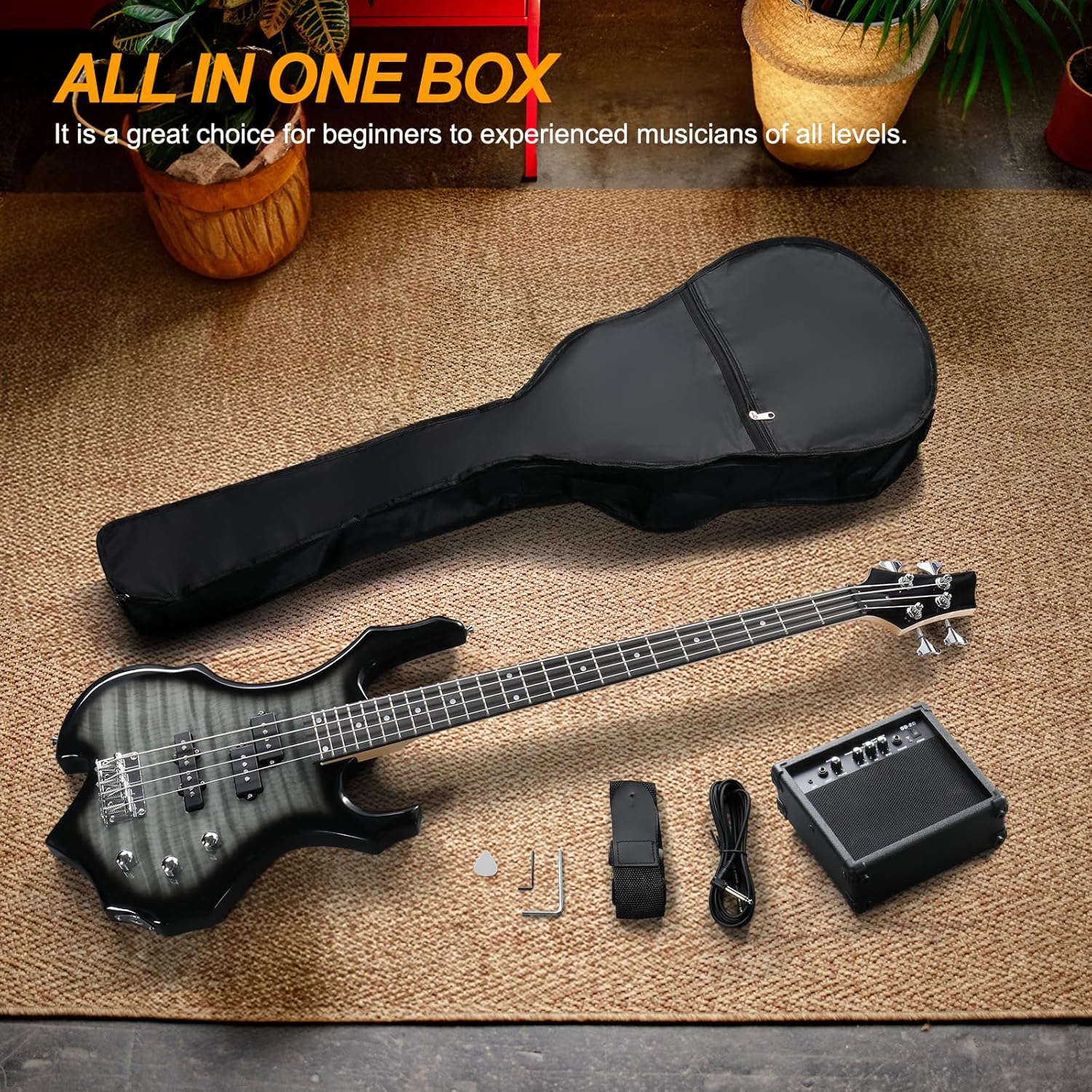 Ktaxon Electric Bass Guitar Full Size Flame Design Bass Set with 20 Watt Amplifier, Portable Bass Bag, Superior Amp Wire, Adjustable Guitar Strap, Plectrum, Wrench Tool(Tiger Stripes)