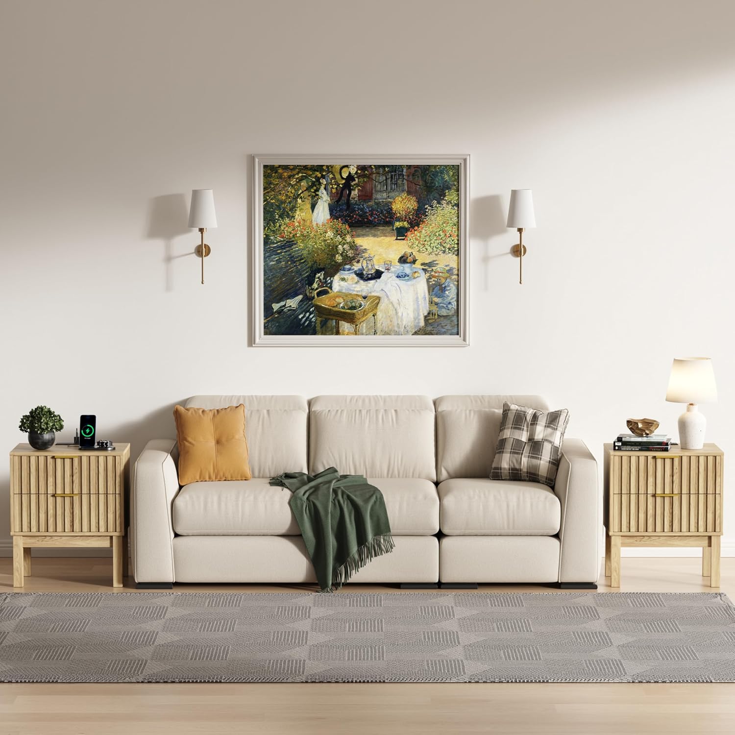 Fluted Nightstand with Charging Station, Night Stand with 2 Deep Drawers, Farmhouse End Table with USB/Type-C Ports, Wood Side Table, Bedside Table for Bedroom, Metal Handle, Natural