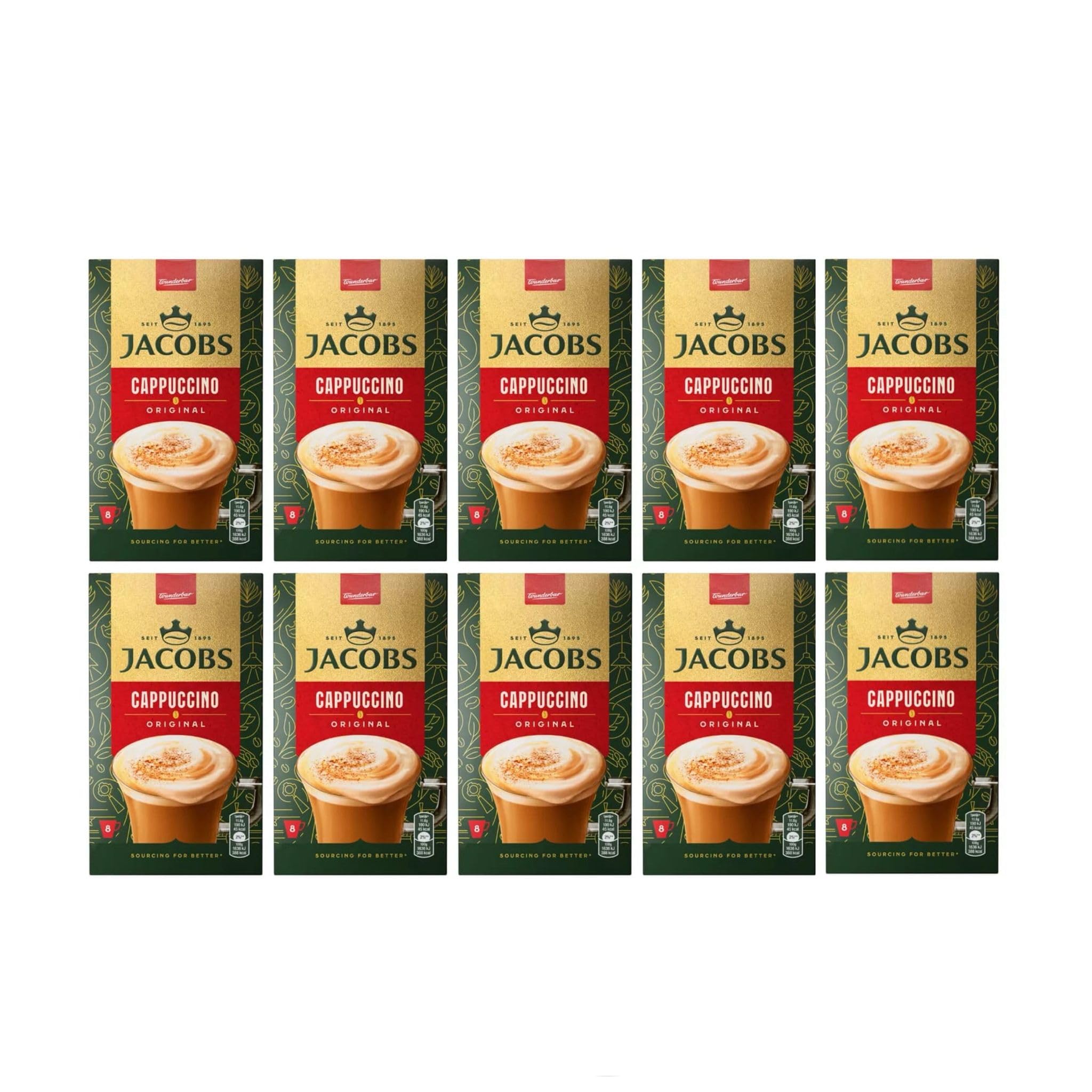 Jacobs Cappuccino Original, Set 10 Confezioni, 8 Stick per Confezione, Bevanda al Caffè Istantanea, 928g