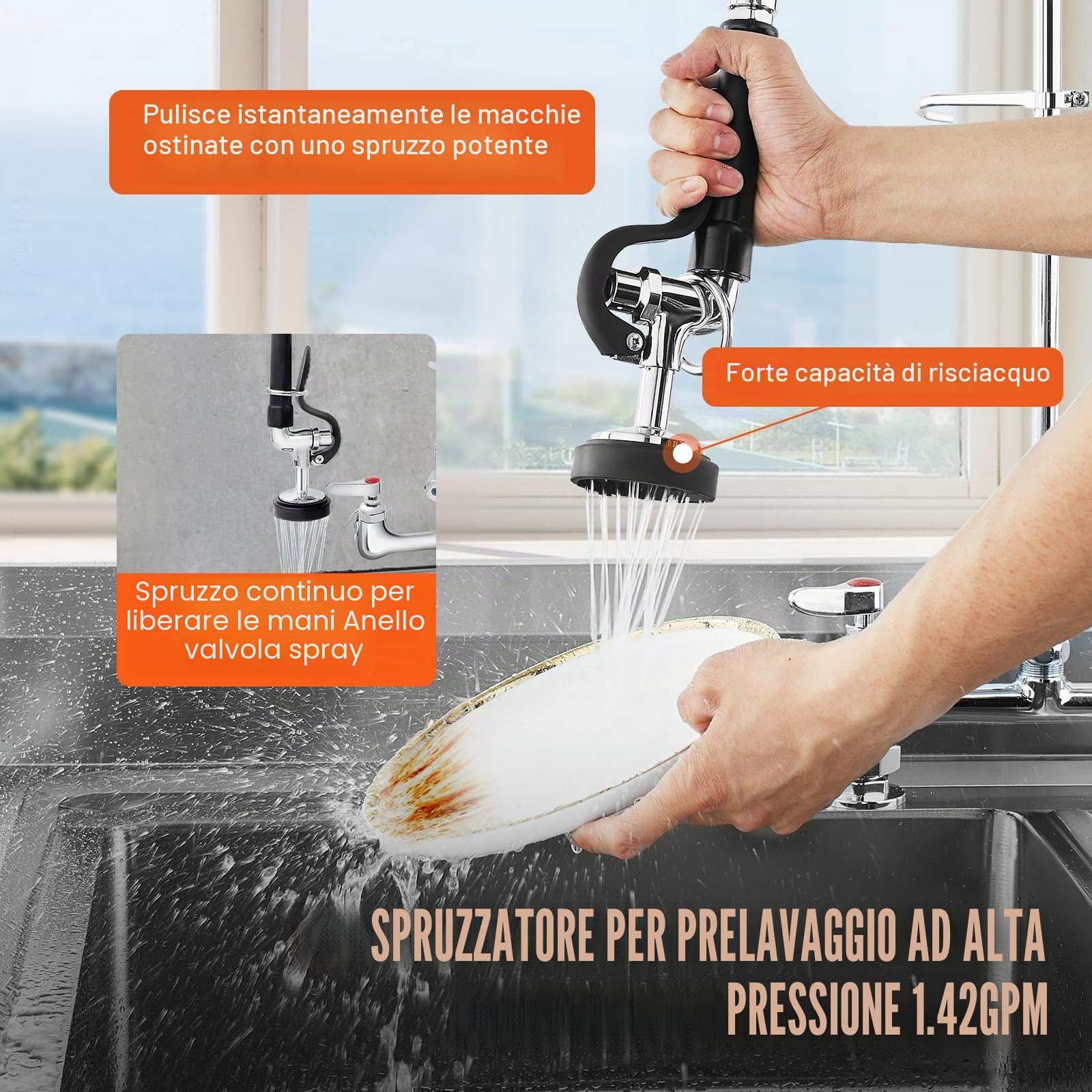VEVOR Rubinetto Commerciale con Spruzzatore Pre-risciacquo, Altezza 1120 mm Centro 203 mm Beccuccio Girevole 305 mm Montaggio su Piano, Dispositivo in Ottone con Getto Estraibile, per Lavello Cucina
