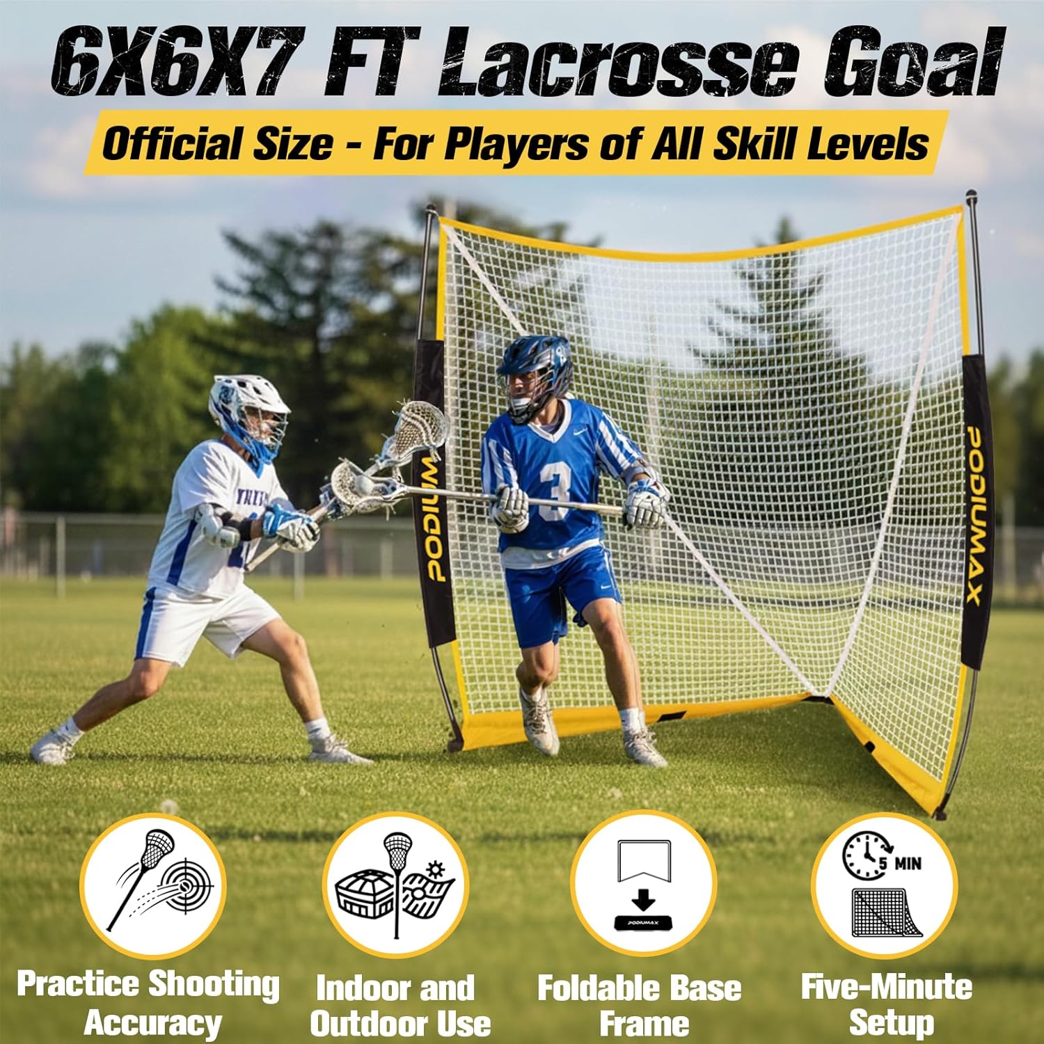 PodiuMax 16x10FT Barricade Backstop Net, Baseball Lacrosse Barrier net with Upgrade Steel Frame + Lacrosse Goal 6x6x7FT, with Upgrade Square Steel Frame Base