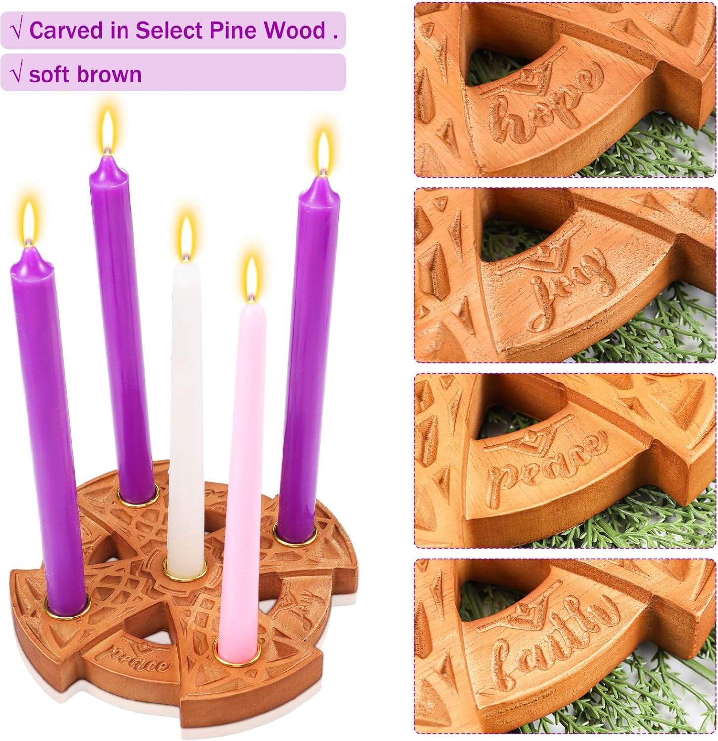 Nitial Christmas Advent 5 Candles Holder Wood Ring Shaped with Celtic Knot Nativity Candleholder for Xmas Home Church Prayer Party Table Centerpiece Decor Elegant Christian Religious Gifts