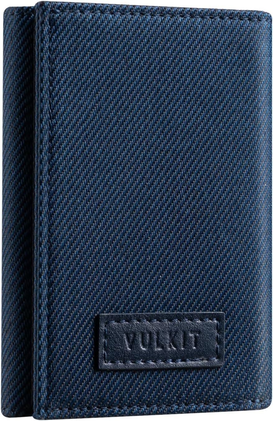 VULKIT Trifold Canvas Wallet Slim Credit Card Holder with 3 ID Windows & Zipper Pocket Rfid Blocking Minimalist Nylon Wallet for Men, Small Mens Polyester Touch Fasteners Wallet (Blue)