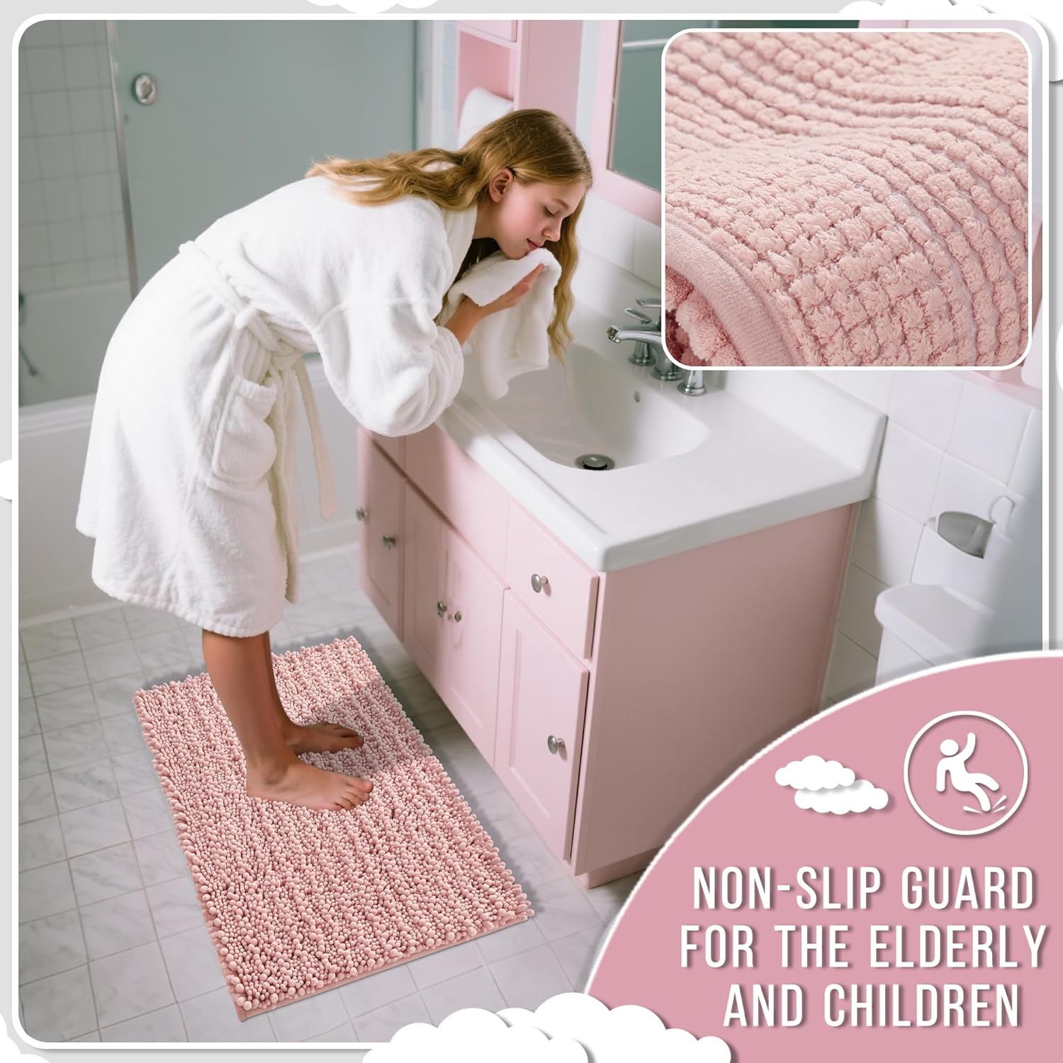 Yimobra Bathroom Rugs Non Slip Washable 32x20 Inch - Ultra Soft Absorbent Chenille Bath Mat, Quick Dry Shaggy Floor Carpet for Tub Shower, Light Pink Home Decor Accessories - Image 6