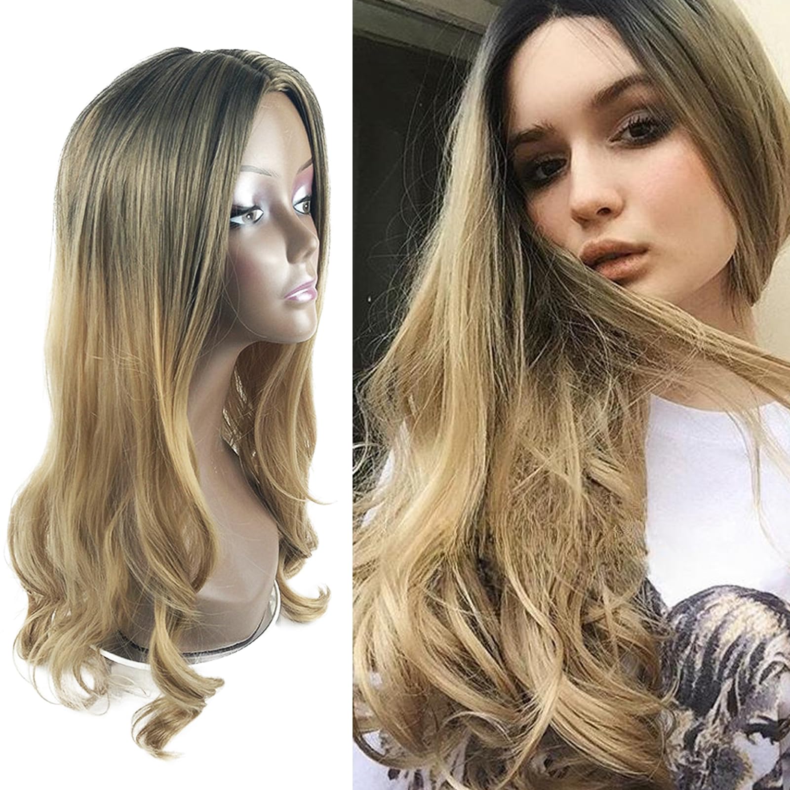 Long Wavy Ombre Black to Yellow Wigs for Women,Synthetic Hair Heat Resistant Ombre Wig,Wigs for Halloween Fancy Dress Cosplay Party