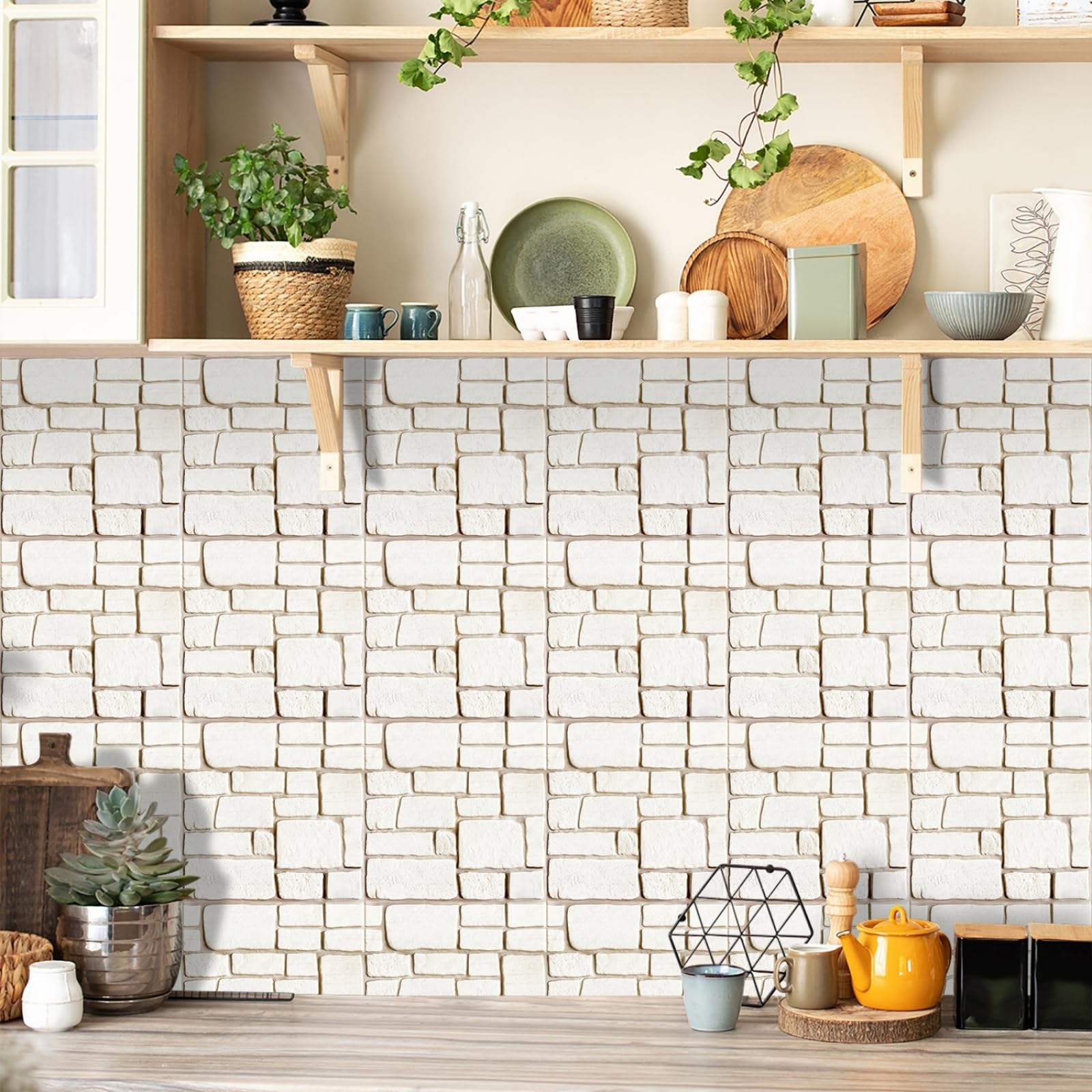 Stick on Tiles Beige Retro Brick Tile Stickers Waterproof Oilproof PVC Self Adhesive Wall Cabinet Fireplace Bathroom Kitchen Home Decor 10x10 cm/10 Pcs