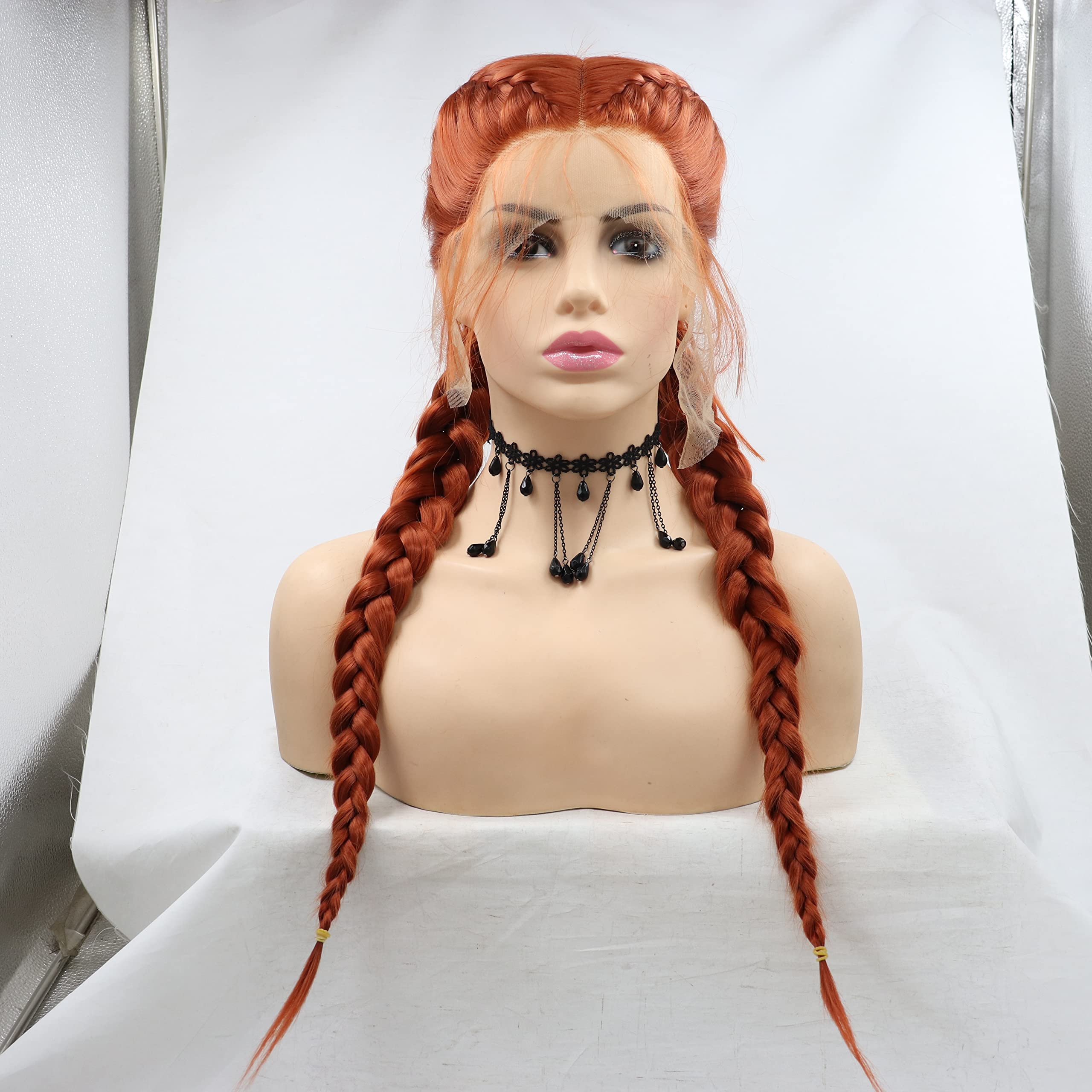 Xiweiya Copper Red Lace Wig with Double Braids Synthetic Lace Braided Wig with Baby Hair Heat Resistant Fiber Middle Part for Women