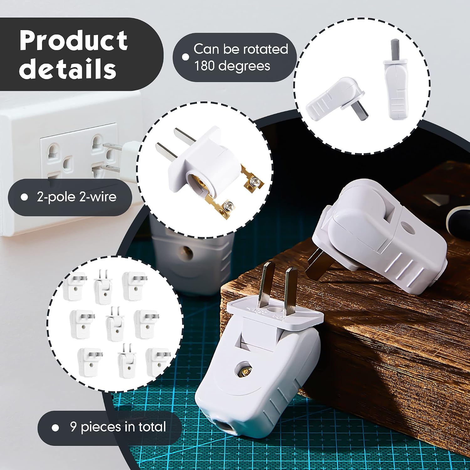 Replacement Electrical Plug 2 Prong Lamp Replacement Plugs for Lamps Light Duty, Residential Polarized 10 A 110-250V 2 Wire Straight Blade Can Be Rotated 180 Degrees(9 Pieces)
