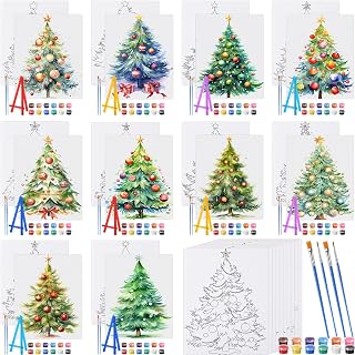 Blosssound 10 Set Pre Printed Canvas Pre Drawn Canvas Painting with Easel Kits 5" x 7" Outline Painting Panels for Beginners, DIY Craft Project, Party Favor, Home Decors (Christmas Tree)