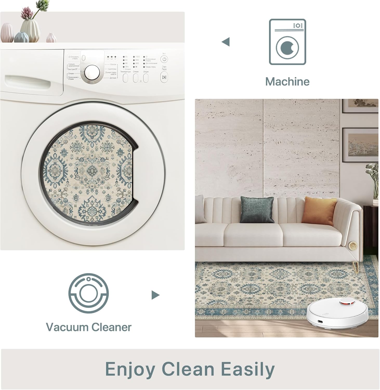 8x10 Area Rug Machine Washable Boho Rug for Living Room,Ultra-Thin Low Pile Carpet,Lightweight Indoor Printed Rug,Non Slip Floral Area Rug for Bedroom, Dining Room, Home Office,Blue - Image 5