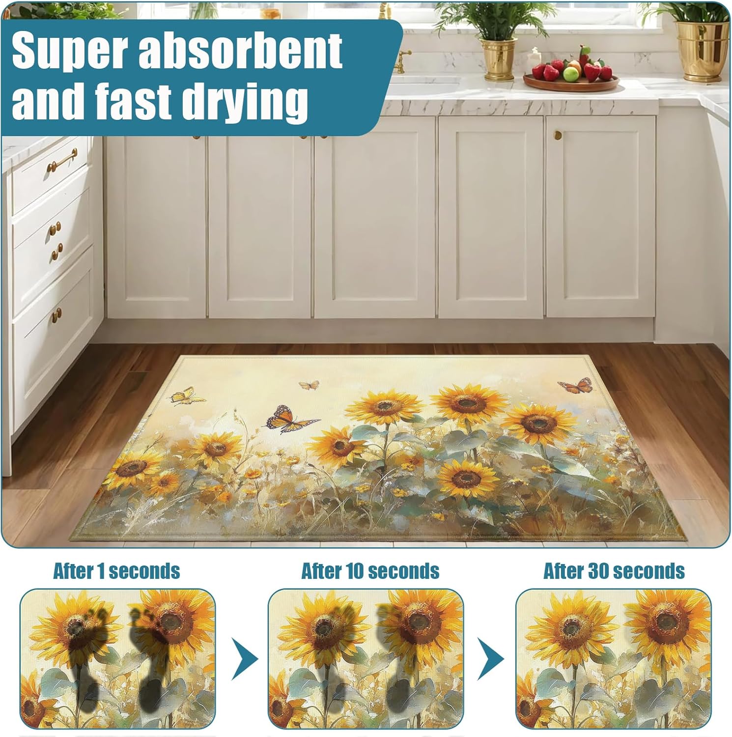 Bright Sunflower Indoor Door Mat, Butterfly Outdoor Entrance Doormat for Entryway Kitchen Bathroom 17 X 29 Inch