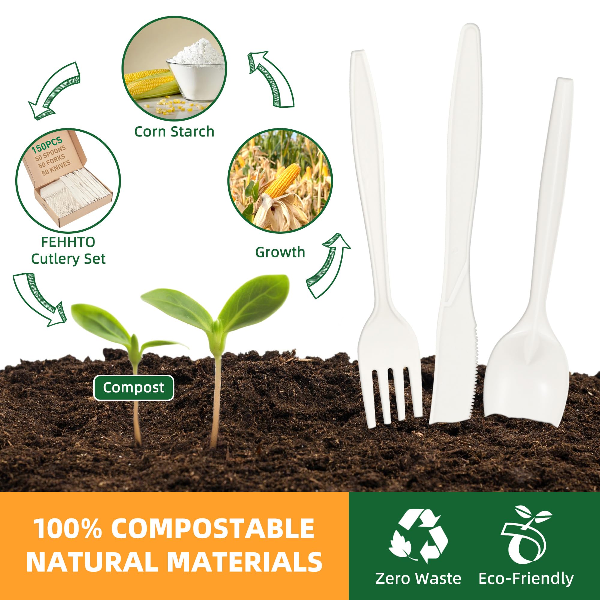 100% Compostable Cutlery Set,150pcs (50 Forks,50 Spoons,50 Knives) Disposable Cornstarch Utensils Heavy Duty BPI Certified Eco-Friendly Party Supplies No Plastic, Ivory White