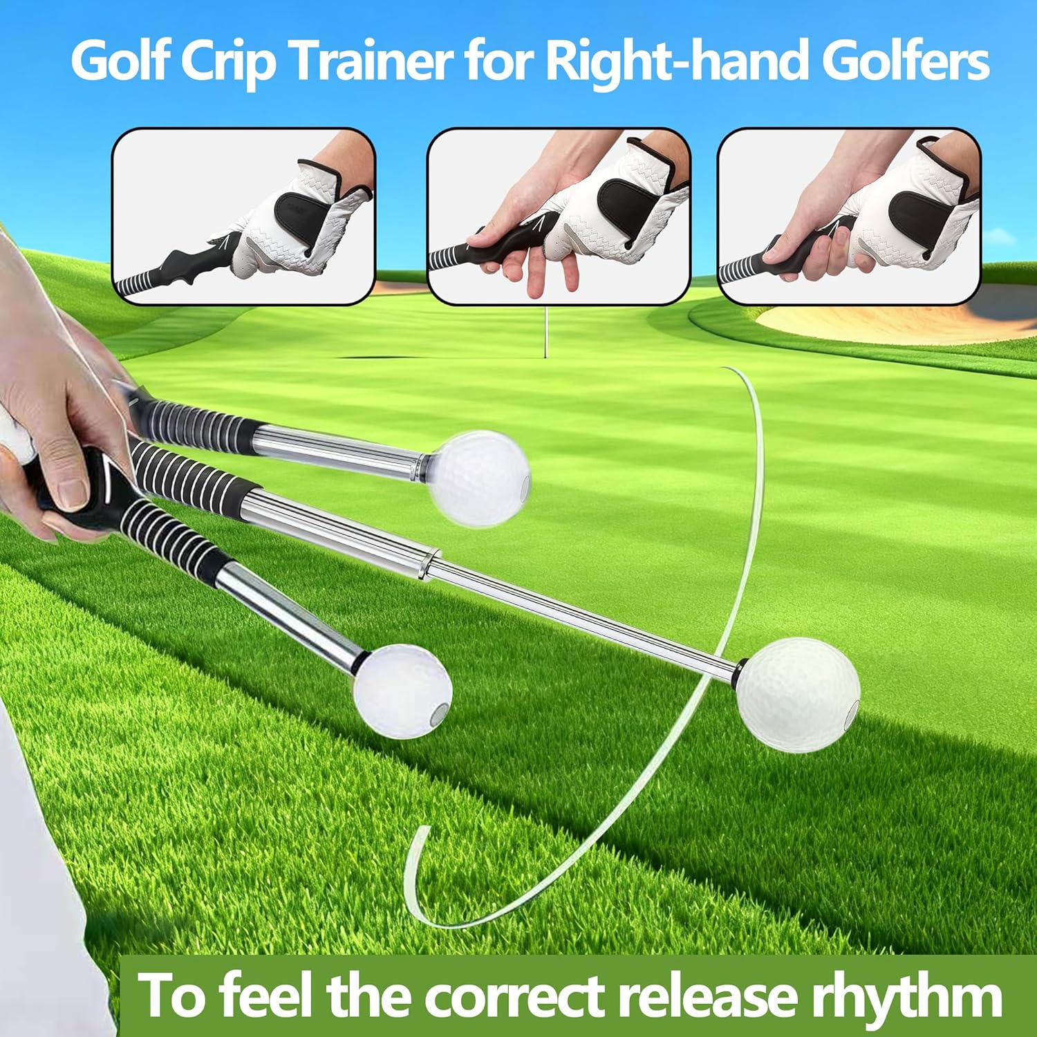 Retractable Golf Swing Trainer, for Low Ceiling & Indoor & Outdoor Practice, Golf Grip Trainer for Right-Handed Golfers, Grip Correction & Swing Click Feedback Training Aid for Beginners to Pros