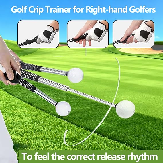 Retractable Golf Swing Trainer for Indoor & Outdoor Practice, Golf Grip Trainer for Right-Handed Golfers, Grip Correction & Swing Click Feedback Training Aid, Golf Gifts for Men