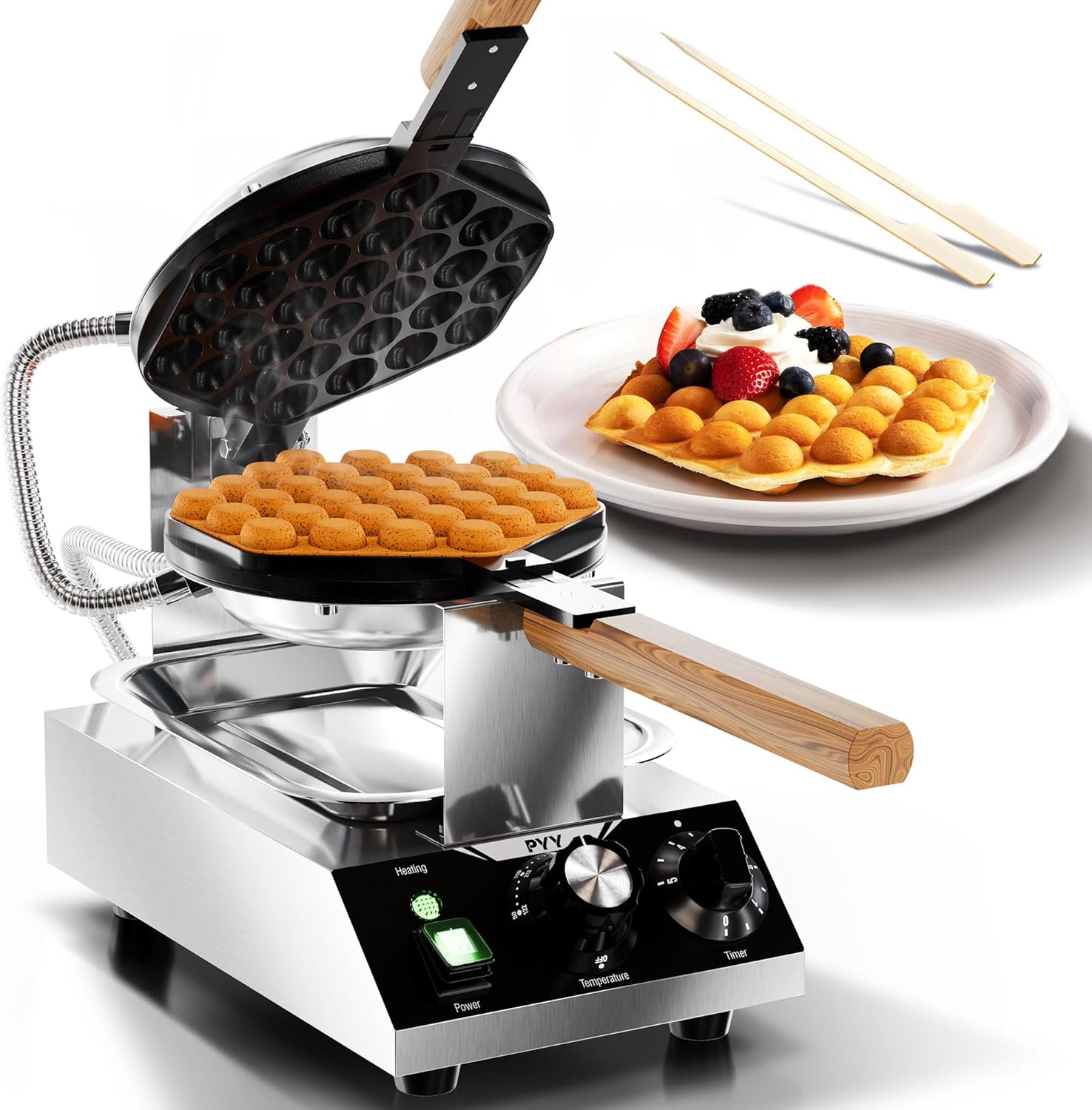 PYY Bubble Waffle Maker - Commercial Egg Puff Waffle Iron Machine, 180° Rotating, Non-stick Coating, 1500W Hong Kong Electric Stainless Steel, 122-482?, 30 Egg Cones Silver Single-Head