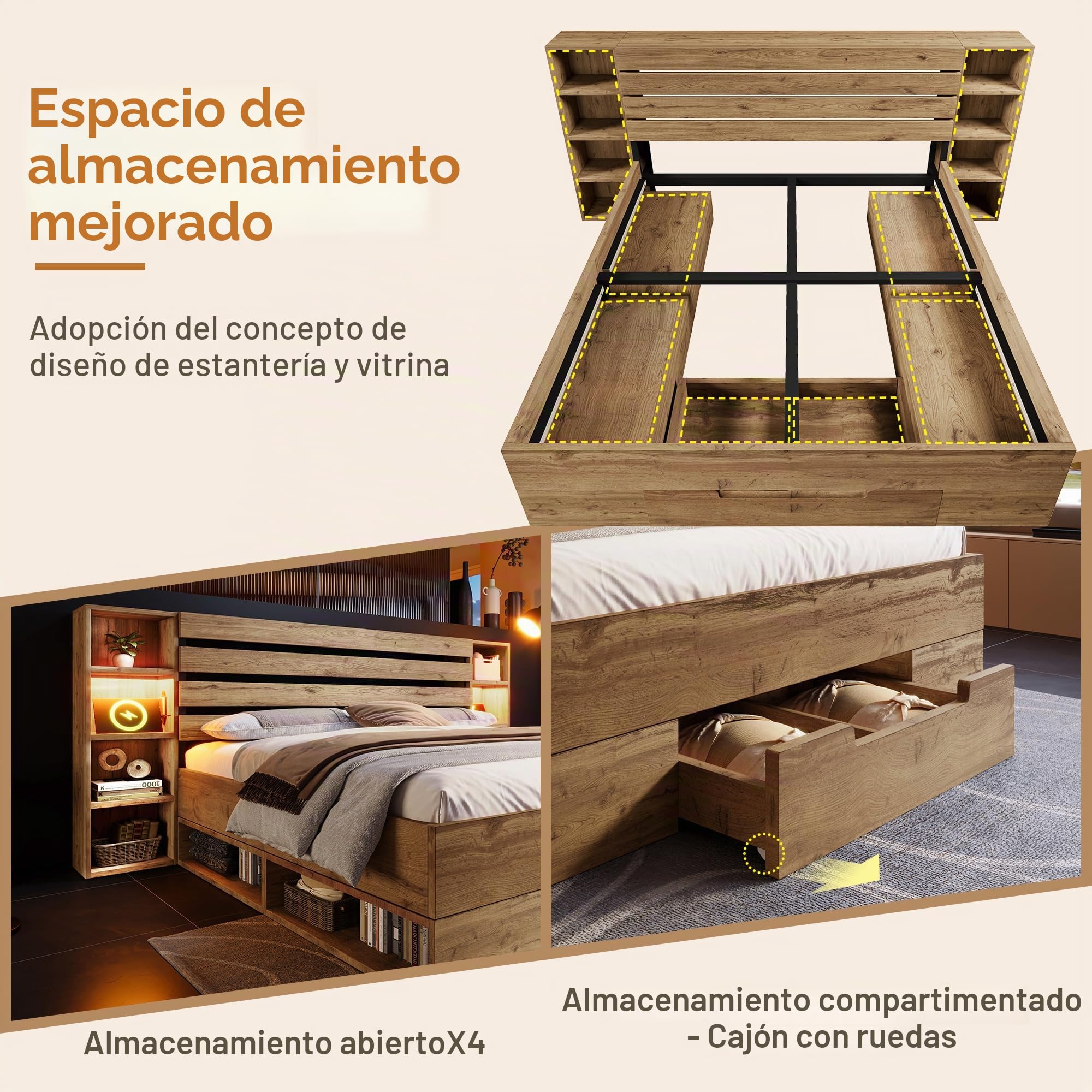 Lubvtti Cama Acolchada 160 × 200 cm con iluminación LED y USB & Type-C cabecera y cajones,Cama Matrimonio con contenedor,Cama Doble,Estructura Cama 160 x 200 cm con somier de láminas,Natural