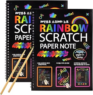 Rainbow Scratch Art Paper for Kids, 2 Pack Scratch Paper Notebooks Set w/ 6 Stencils 2 Wooden Styluses for Drawing Doodling Painting - DIY Arts and Crafts Easter Christmas Birthday Gift for Kids Adults