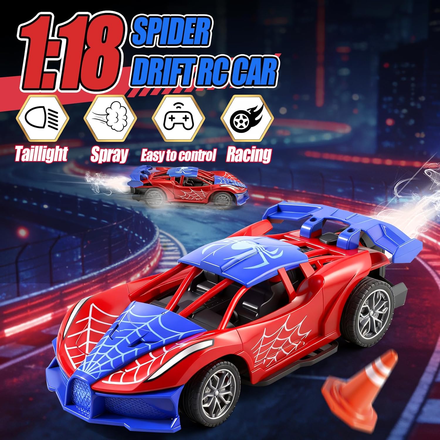 2.4GHz RC Small Drift Car,1：18 Cool Spider Remote Control Car with Glowing Tail Light & Mist, Rechargeable Spider Toys Vehicles Gifts for 3 4 5 6 7 8 9 10 11 12Year Old Boys Age