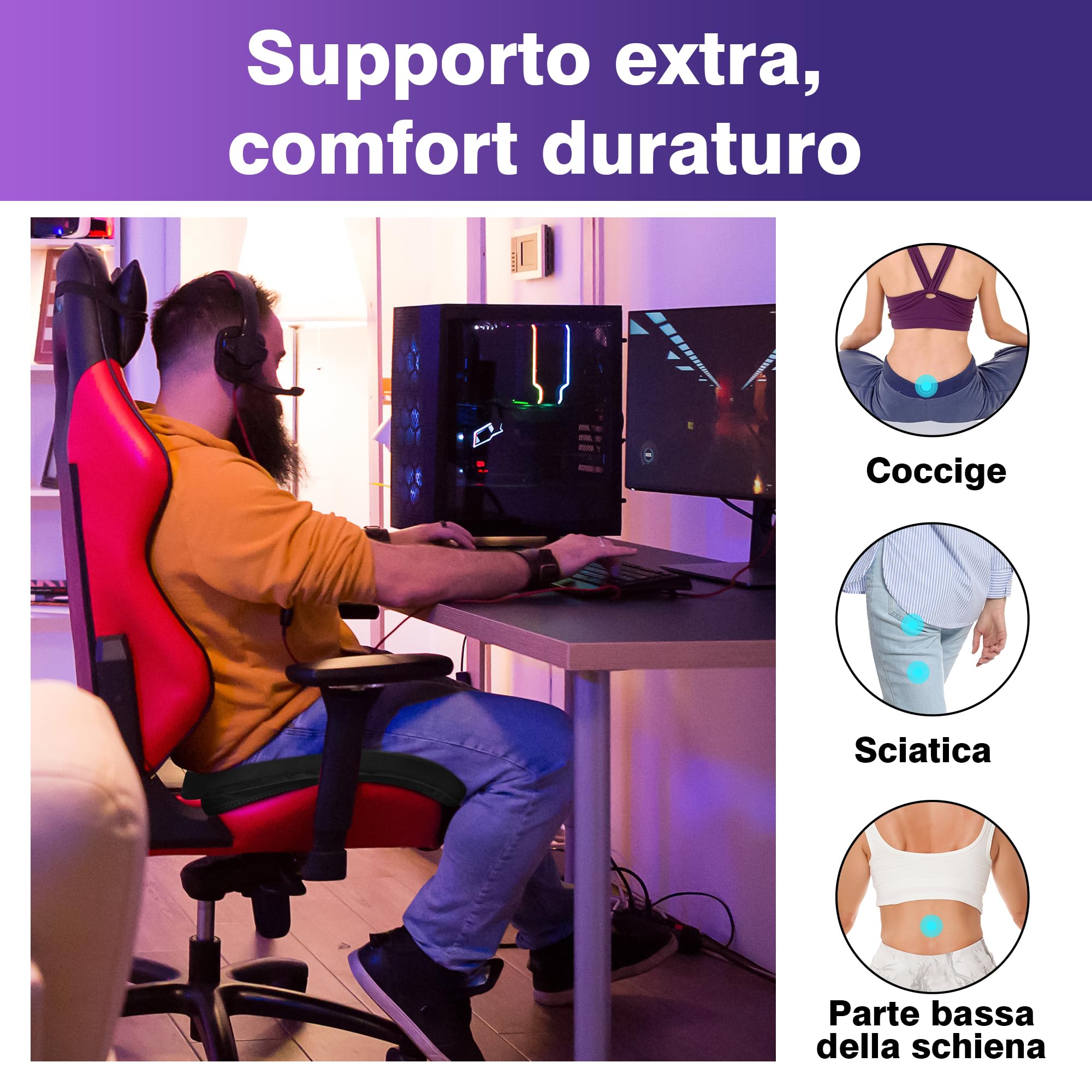 Cuscino per sedia da gioco per i giocatori che rimangono seduti a lungo, cuscino antidolorifico per il coccige per la sedia da ufficio (nero)