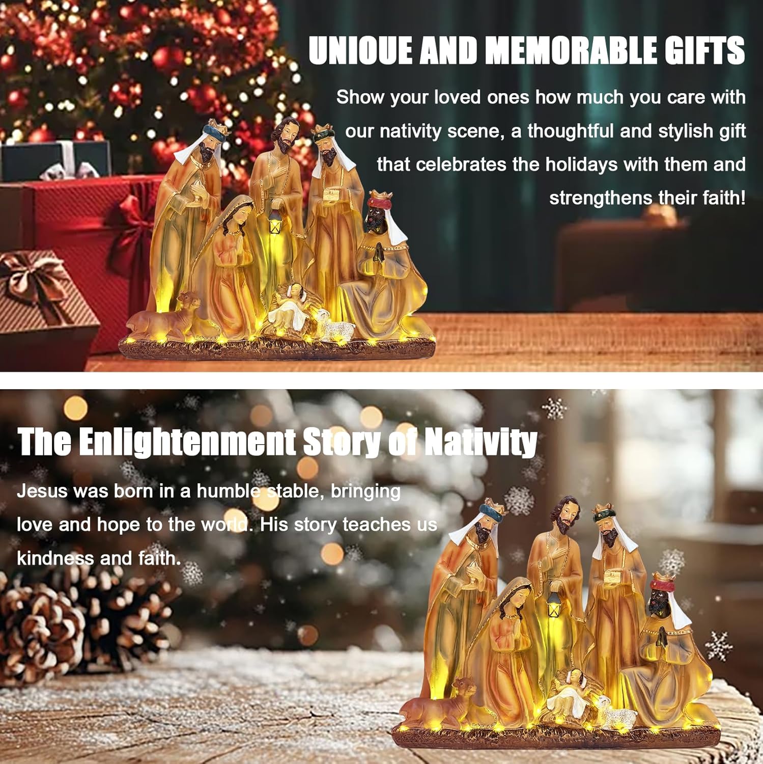 19.3inch Large Christmas Nativity Figurines, Resin Holy Family Scene with LED Lights - Religious Music,USB Cable Included for Indoor Home Table Fireplace Holiday Decorations